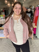 Shop Sadie Mauve Hooded Denim Jacket | Risen-Coats & Jackets at Ruby Joy Boutique, a Women's Clothing Store in Pickerington, Ohio