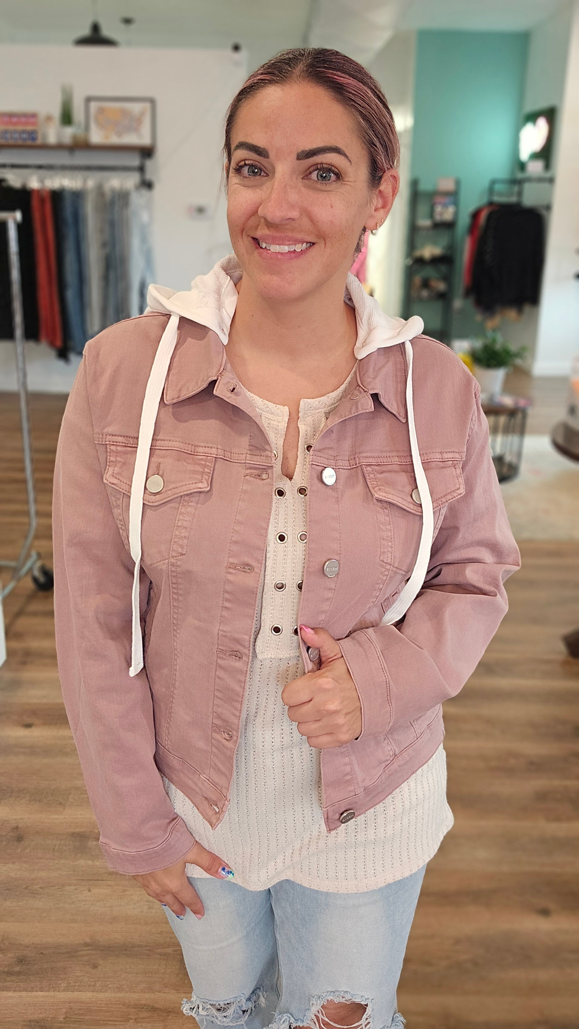 Shop Sadie Mauve Hooded Denim Jacket | Risen-Denim Jacket at Ruby Joy Boutique, a Women's Clothing Store in Pickerington, Ohio