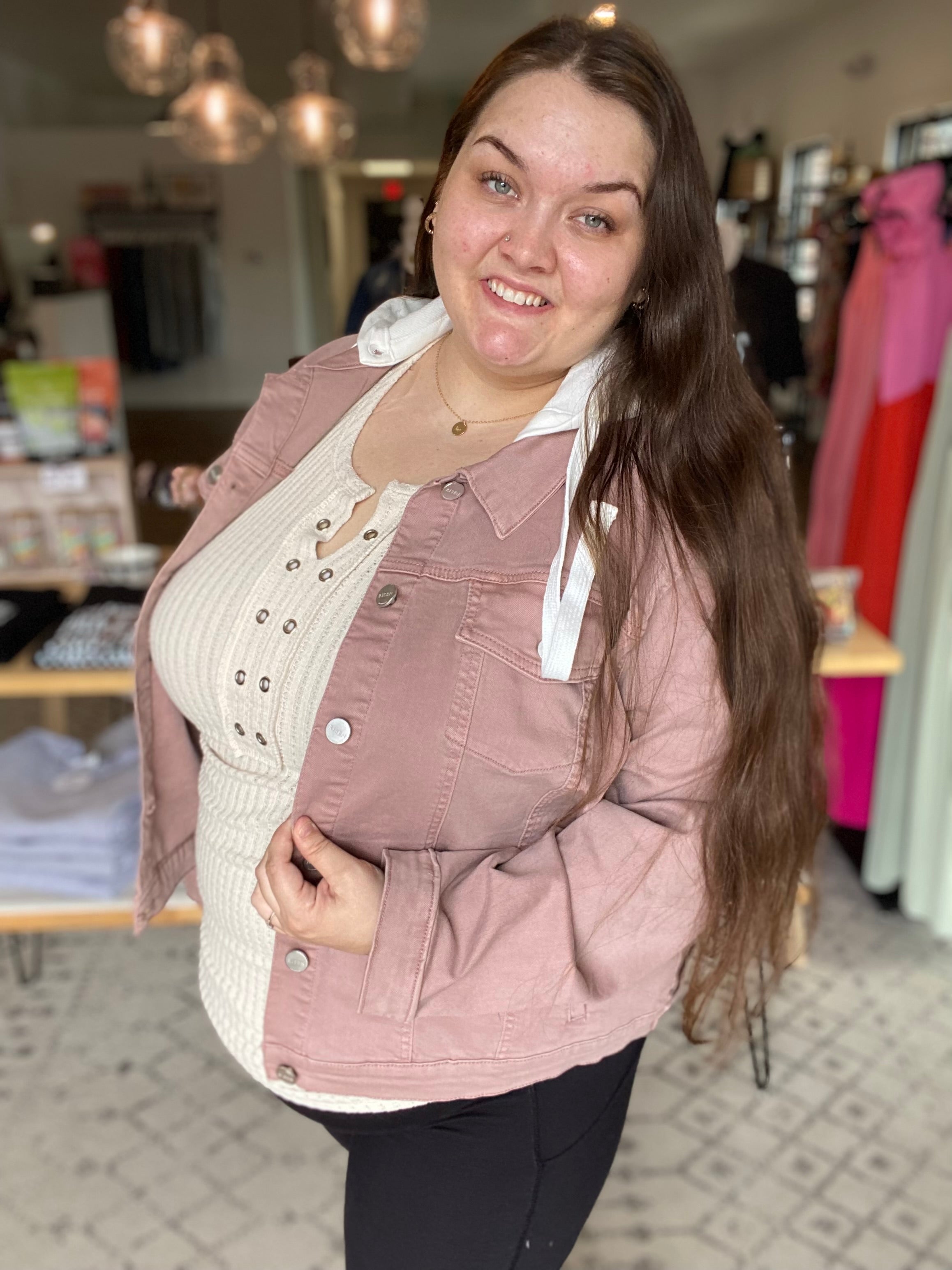 Shop Sadie Mauve Hooded Denim Jacket | Risen-Denim Jacket at Ruby Joy Boutique, a Women's Clothing Store in Pickerington, Ohio