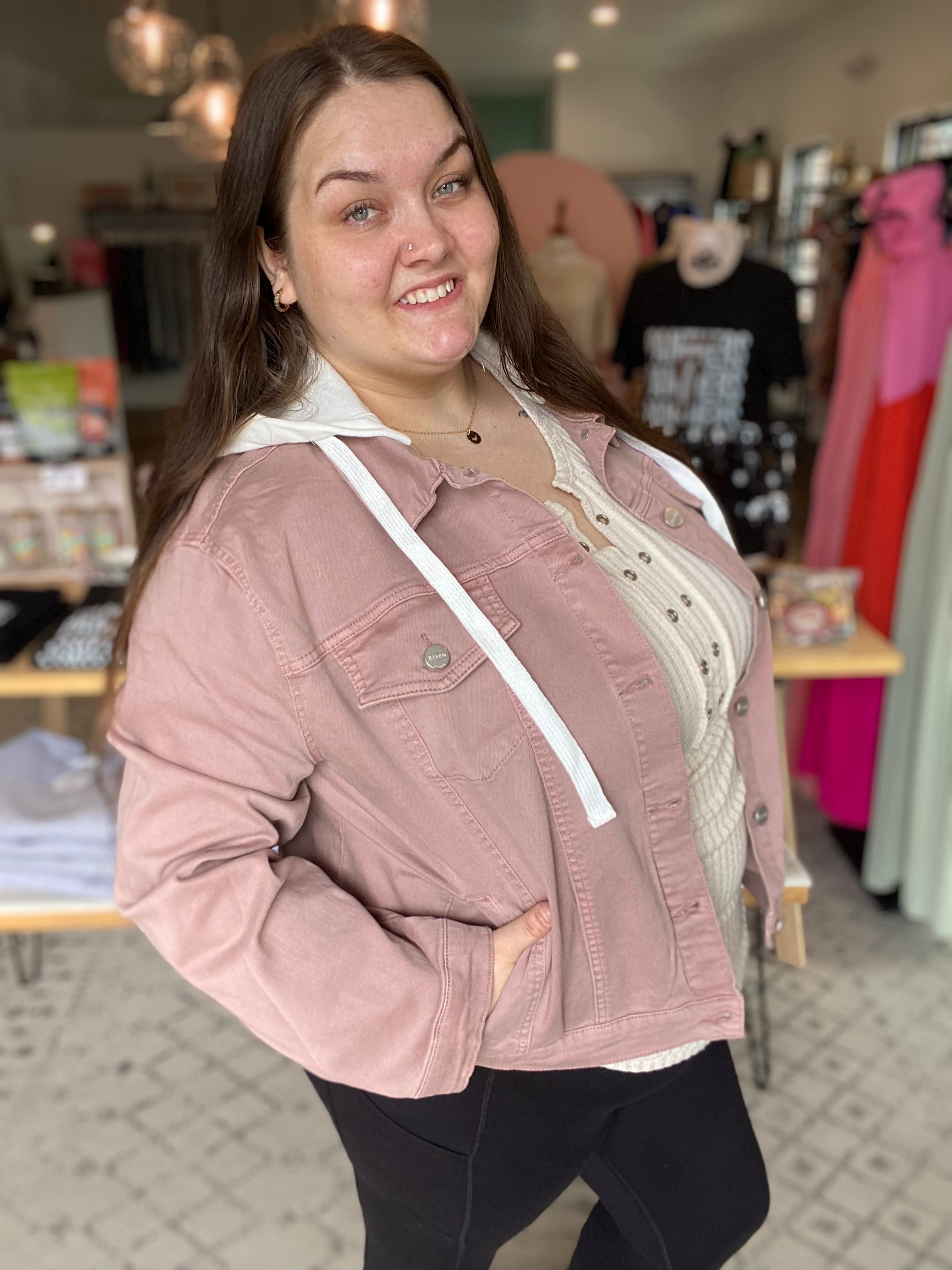 Shop Sadie Mauve Hooded Denim Jacket | Risen-Denim Jacket at Ruby Joy Boutique, a Women's Clothing Store in Pickerington, Ohio