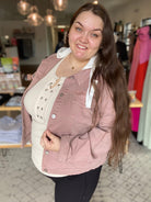 Shop Sadie Mauve Hooded Denim Jacket | Risen-Coats & Jackets at Ruby Joy Boutique, a Women's Clothing Store in Pickerington, Ohio