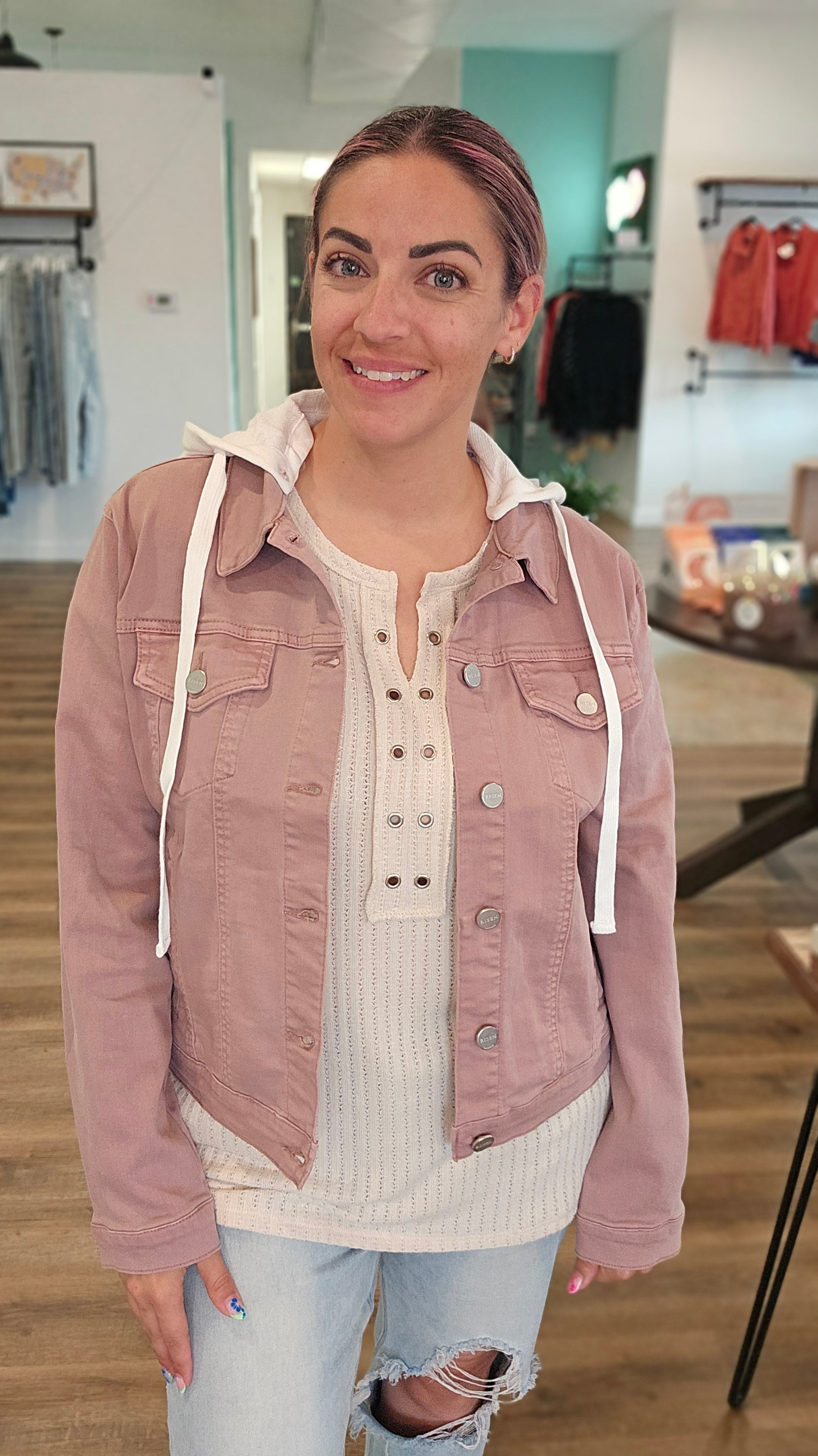 Shop Sadie Mauve Hooded Denim Jacket | Risen-Coats & Jackets at Ruby Joy Boutique, a Women's Clothing Store in Pickerington, Ohio