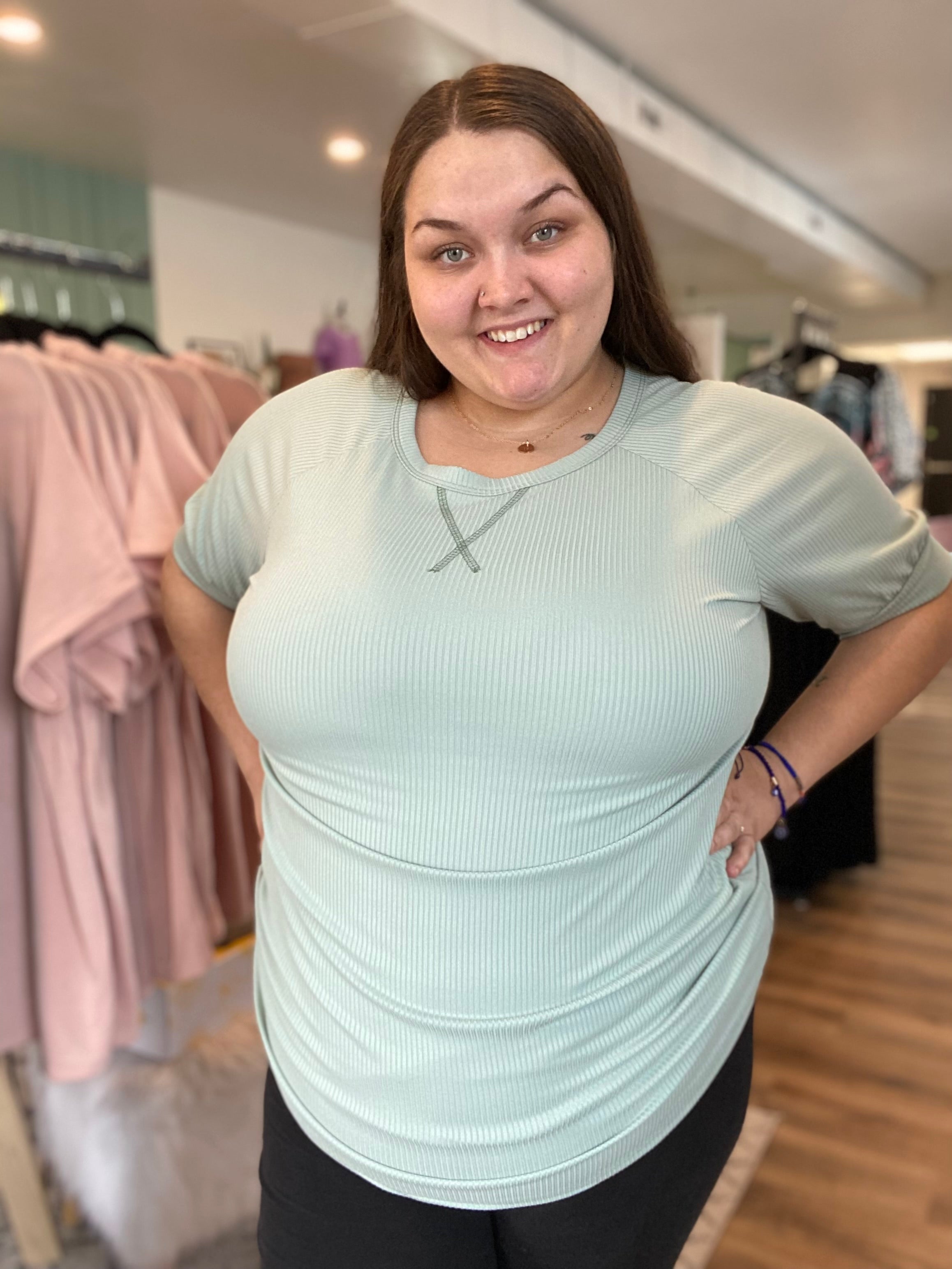Shop Saige Puff Sleeve Ribbed Tee-Shirts & Tops at Ruby Joy Boutique, a Women's Clothing Store in Pickerington, Ohio