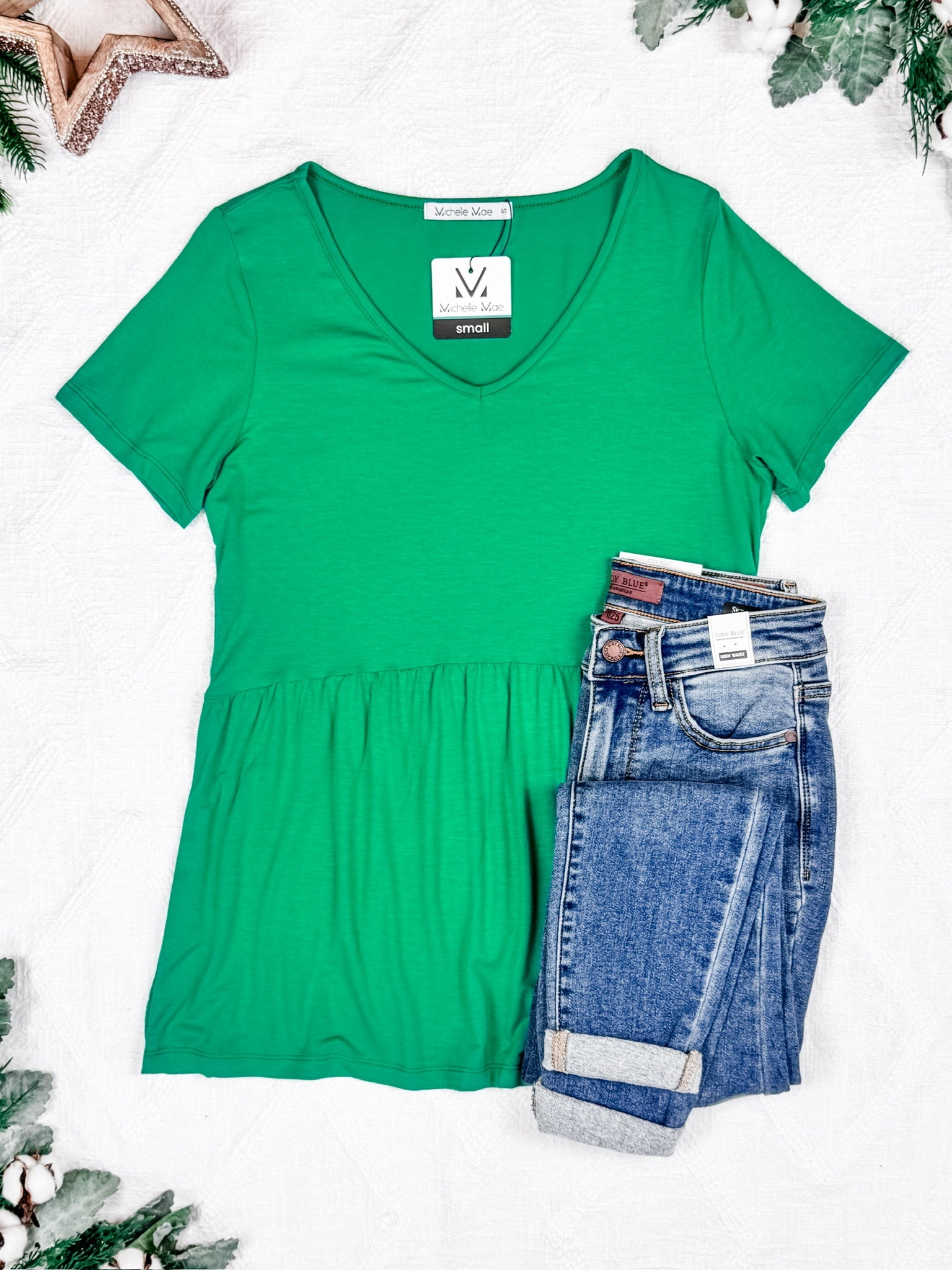 Shop Sarah Ruffle Short Sleeve - Green- at Ruby Joy Boutique, a Women's Clothing Store in Pickerington, Ohio