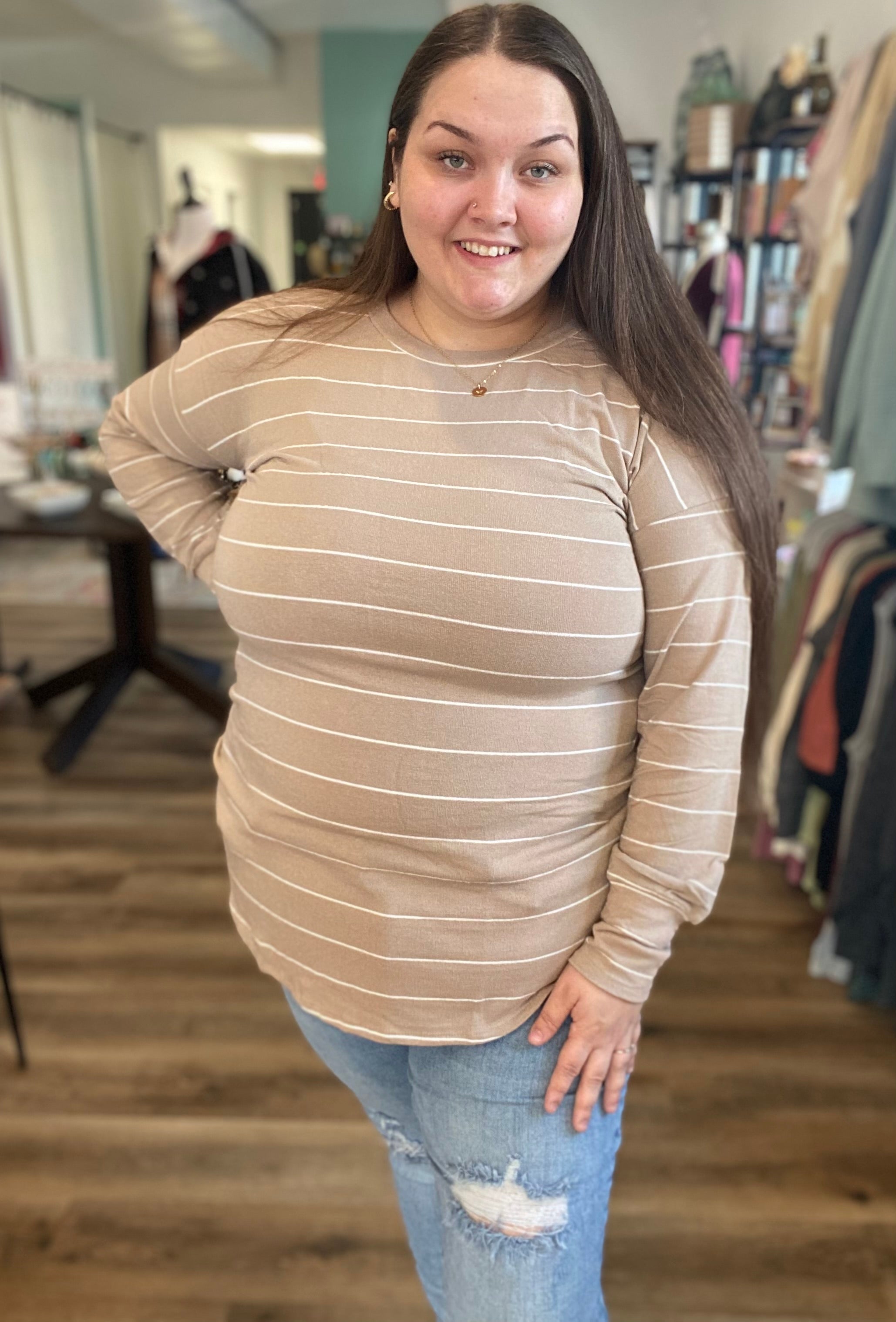 Shop Sarah Striped Top-Shirts & Tops at Ruby Joy Boutique, a Women's Clothing Store in Pickerington, Ohio