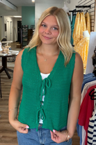 Shop Scalloped Double Tie Knit Vest - Green- at Ruby Joy Boutique, a Women's Clothing Store in Pickerington, Ohio