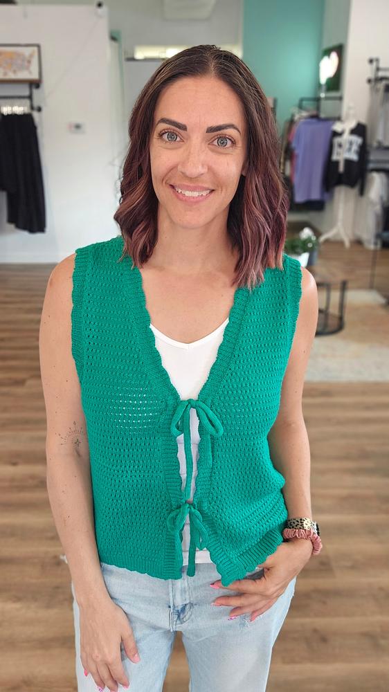 Shop Scalloped Double Tie Knit Vest - Green- at Ruby Joy Boutique, a Women's Clothing Store in Pickerington, Ohio