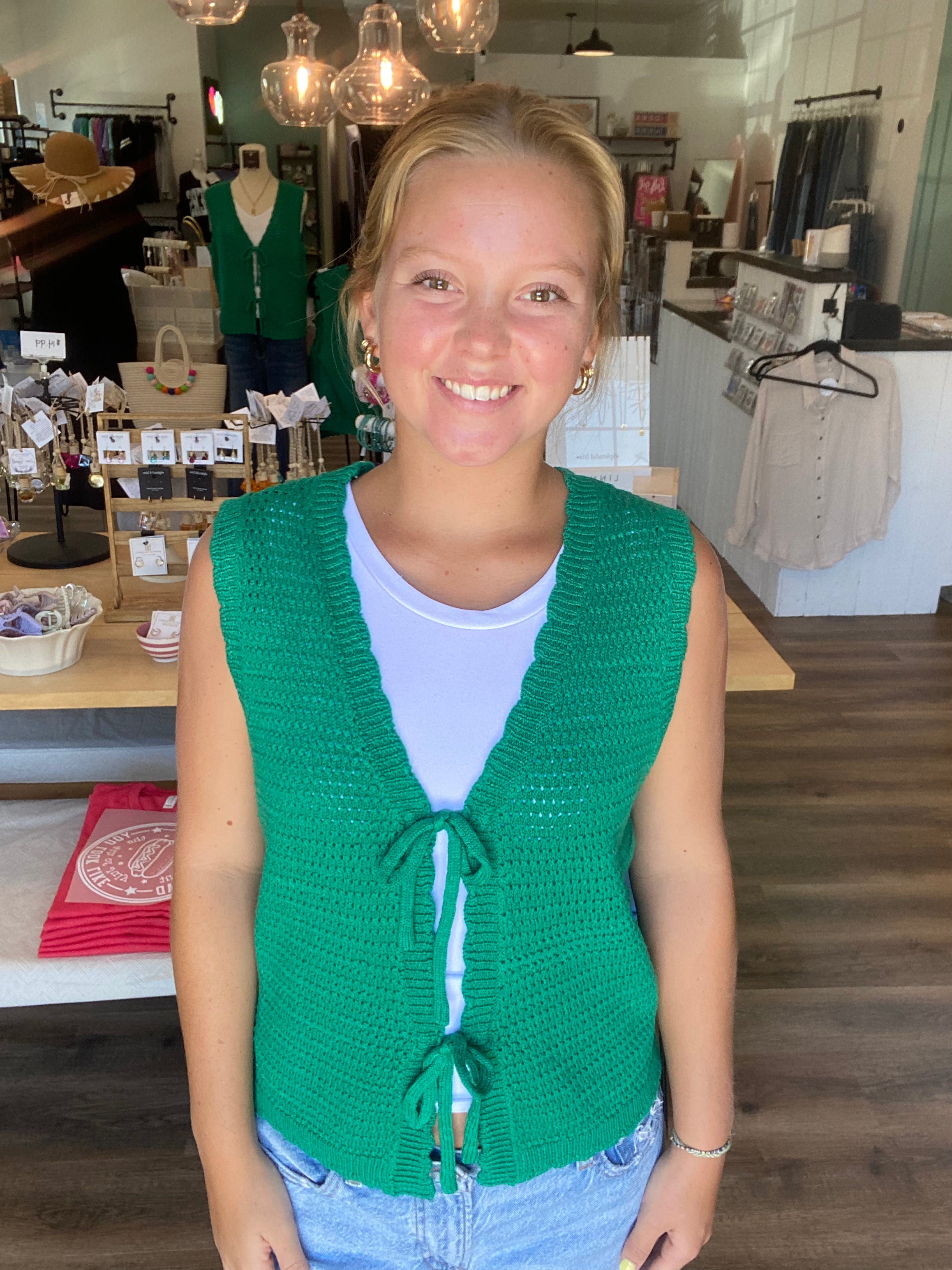 Shop Scalloped Double Tie Knit Vest - Green- at Ruby Joy Boutique, a Women's Clothing Store in Pickerington, Ohio
