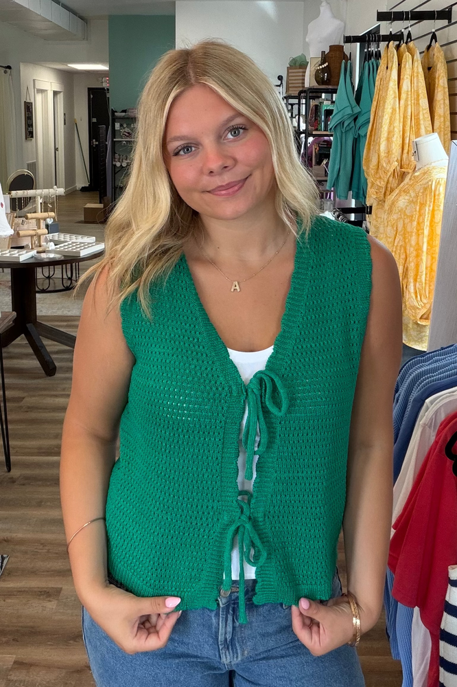 Shop Scalloped Double Tie Knit Vest - Green- at Ruby Joy Boutique, a Women's Clothing Store in Pickerington, Ohio