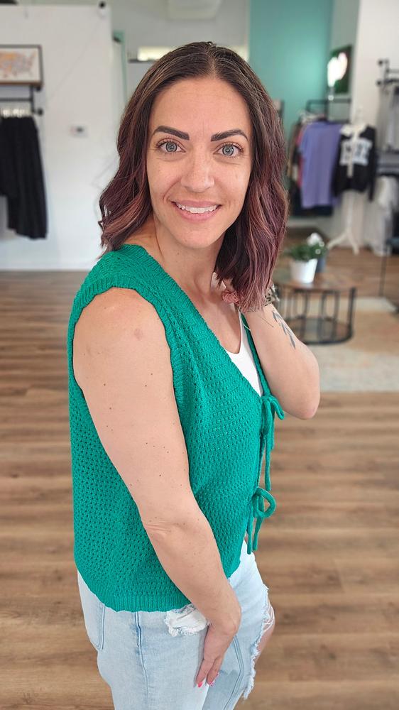Shop Scalloped Double Tie Knit Vest - Green- at Ruby Joy Boutique, a Women's Clothing Store in Pickerington, Ohio