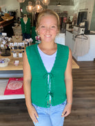 Shop Scalloped Double Tie Knit Vest - Green- at Ruby Joy Boutique, a Women's Clothing Store in Pickerington, Ohio