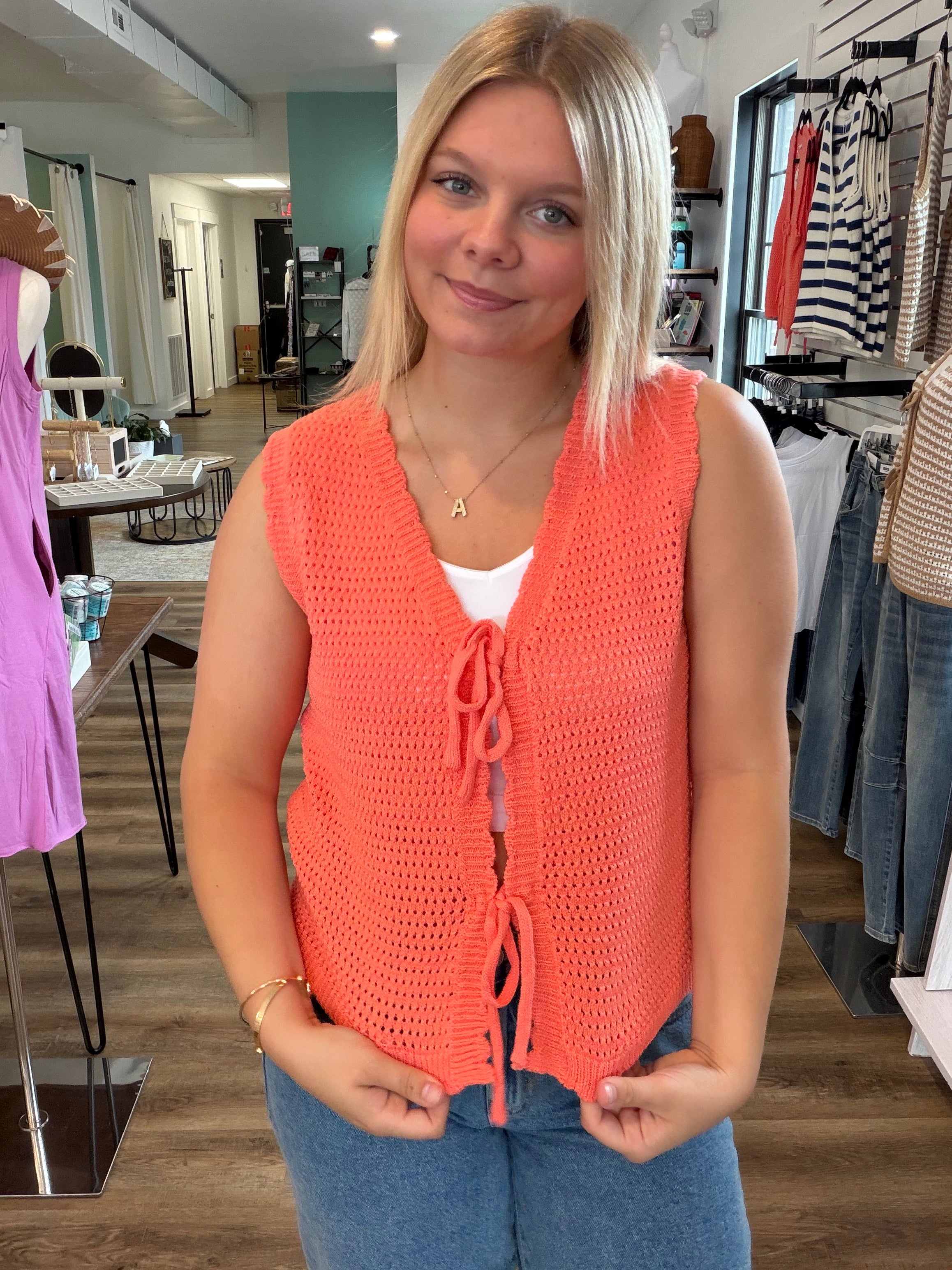 Shop Scalloped Double Tie Knit Vest - Papaya- at Ruby Joy Boutique, a Women's Clothing Store in Pickerington, Ohio