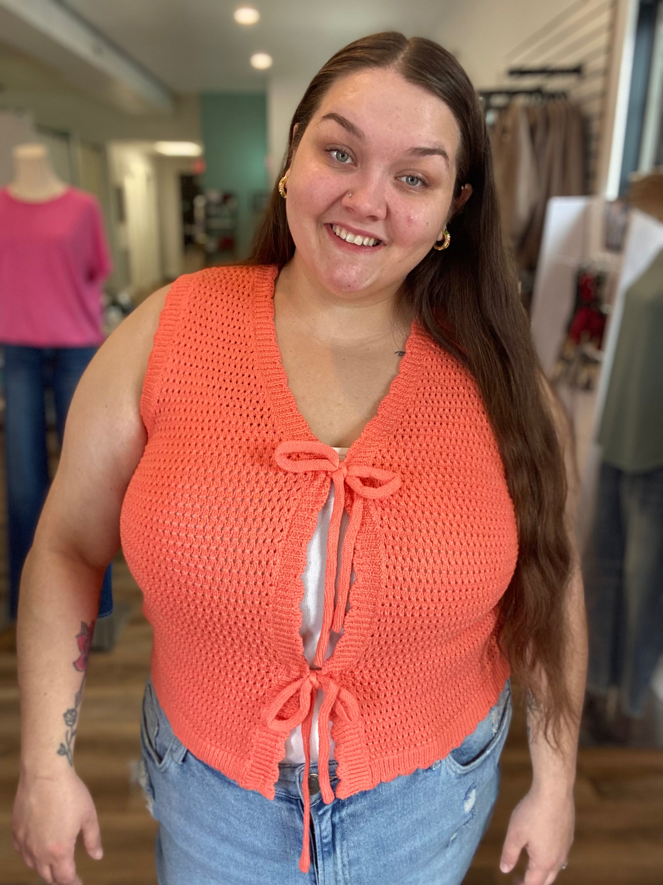 Shop Scalloped Double Tie Knit Vest - Papaya- at Ruby Joy Boutique, a Women's Clothing Store in Pickerington, Ohio