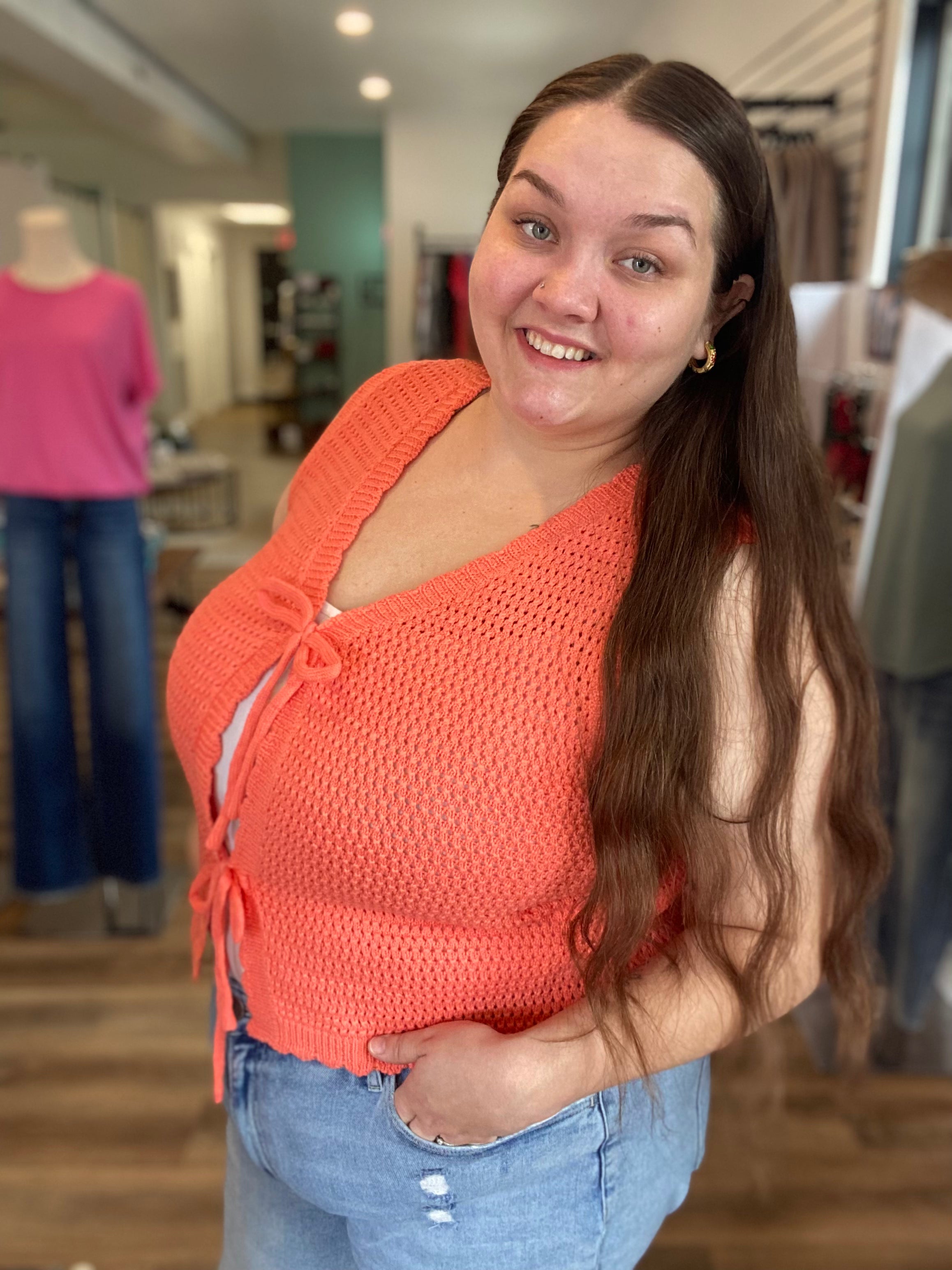 Shop Scalloped Double Tie Knit Vest - Papaya- at Ruby Joy Boutique, a Women's Clothing Store in Pickerington, Ohio