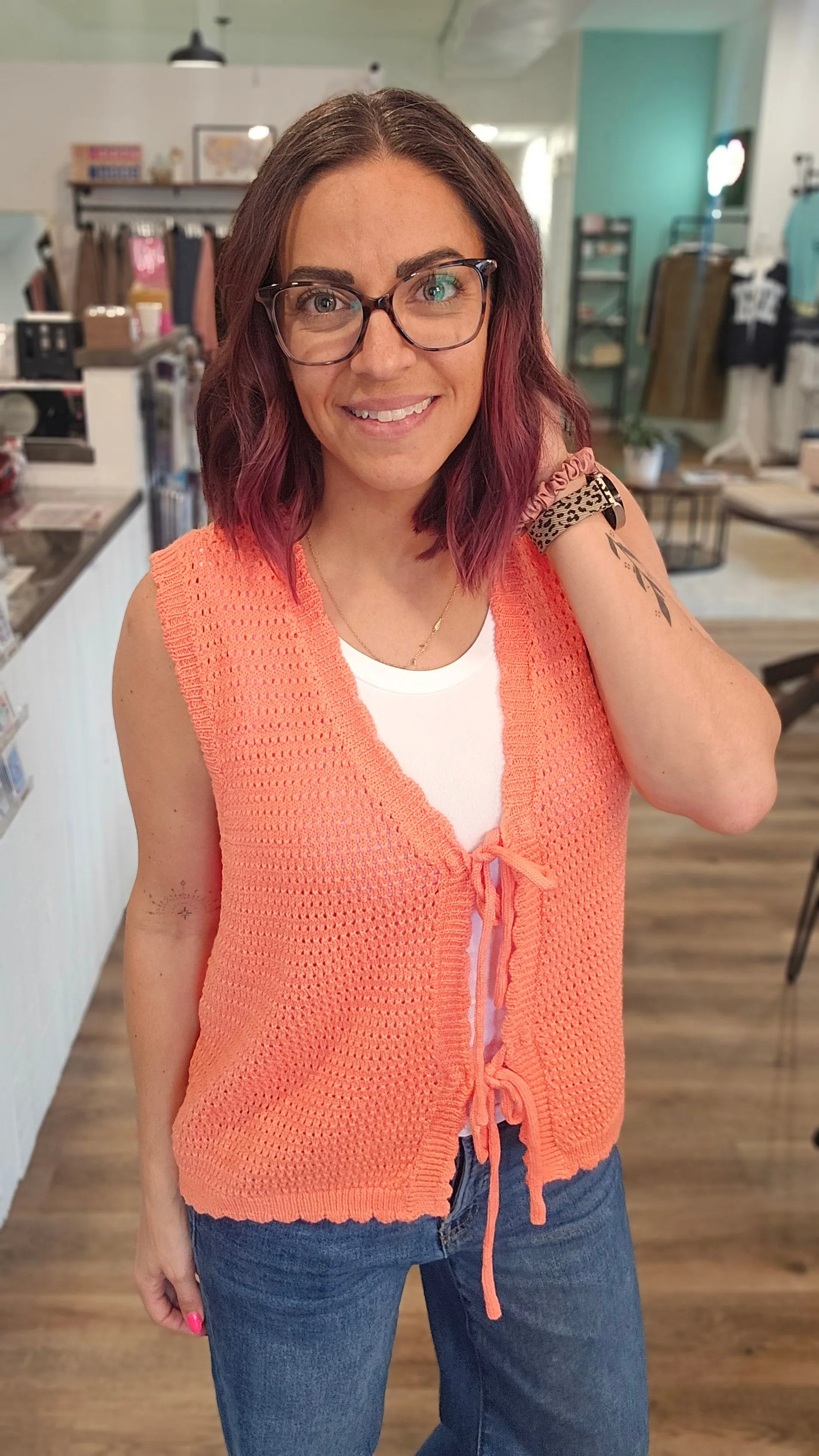 Shop Scalloped Double Tie Knit Vest - Papaya- at Ruby Joy Boutique, a Women's Clothing Store in Pickerington, Ohio