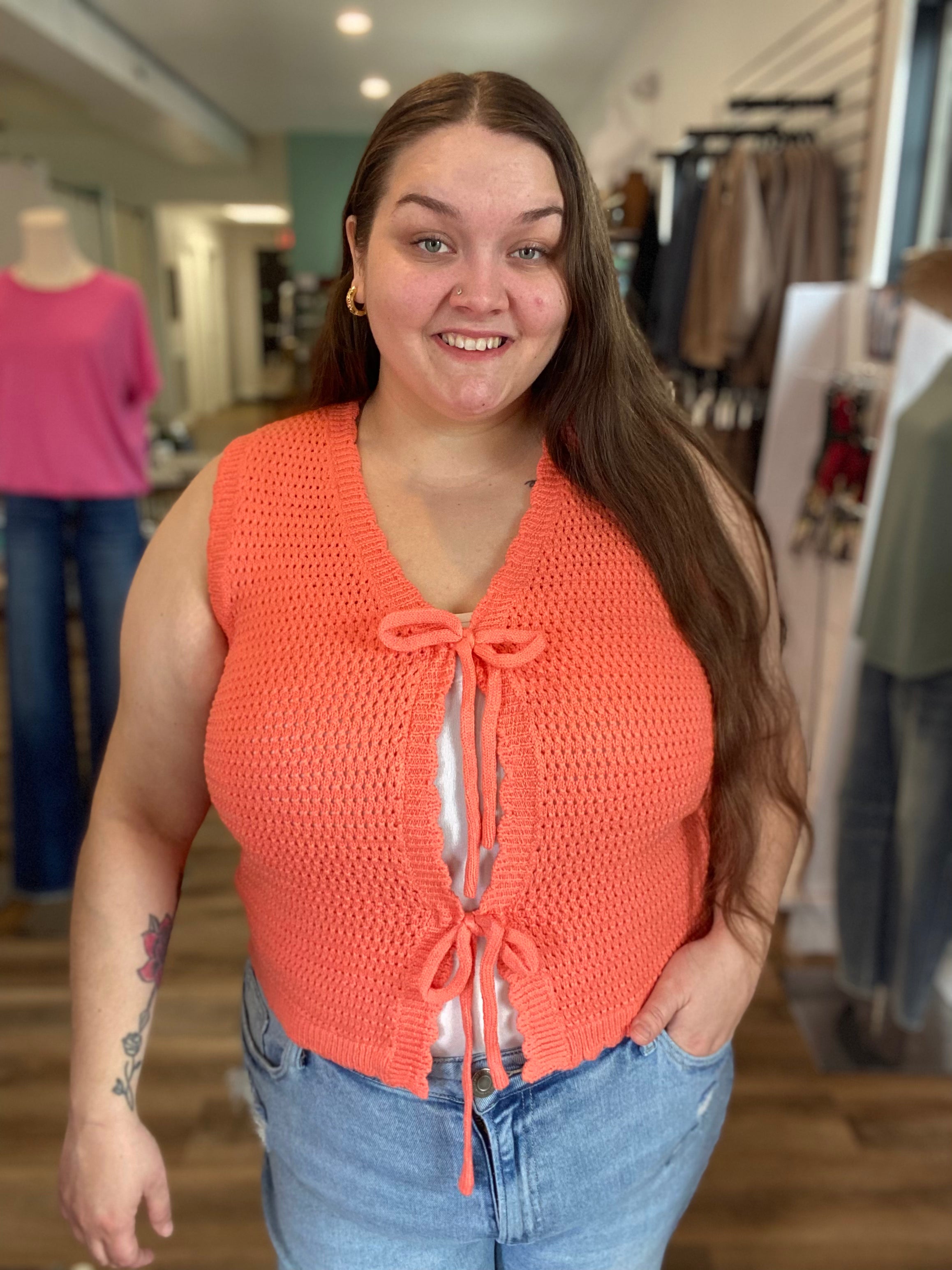 Shop Scalloped Double Tie Knit Vest - Papaya- at Ruby Joy Boutique, a Women's Clothing Store in Pickerington, Ohio