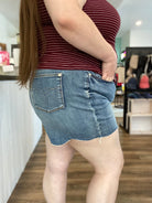 Shop Scalloped Frayed Hem Shorts | Judy Blue-Shorts at Ruby Joy Boutique, a Women's Clothing Store in Pickerington, Ohio