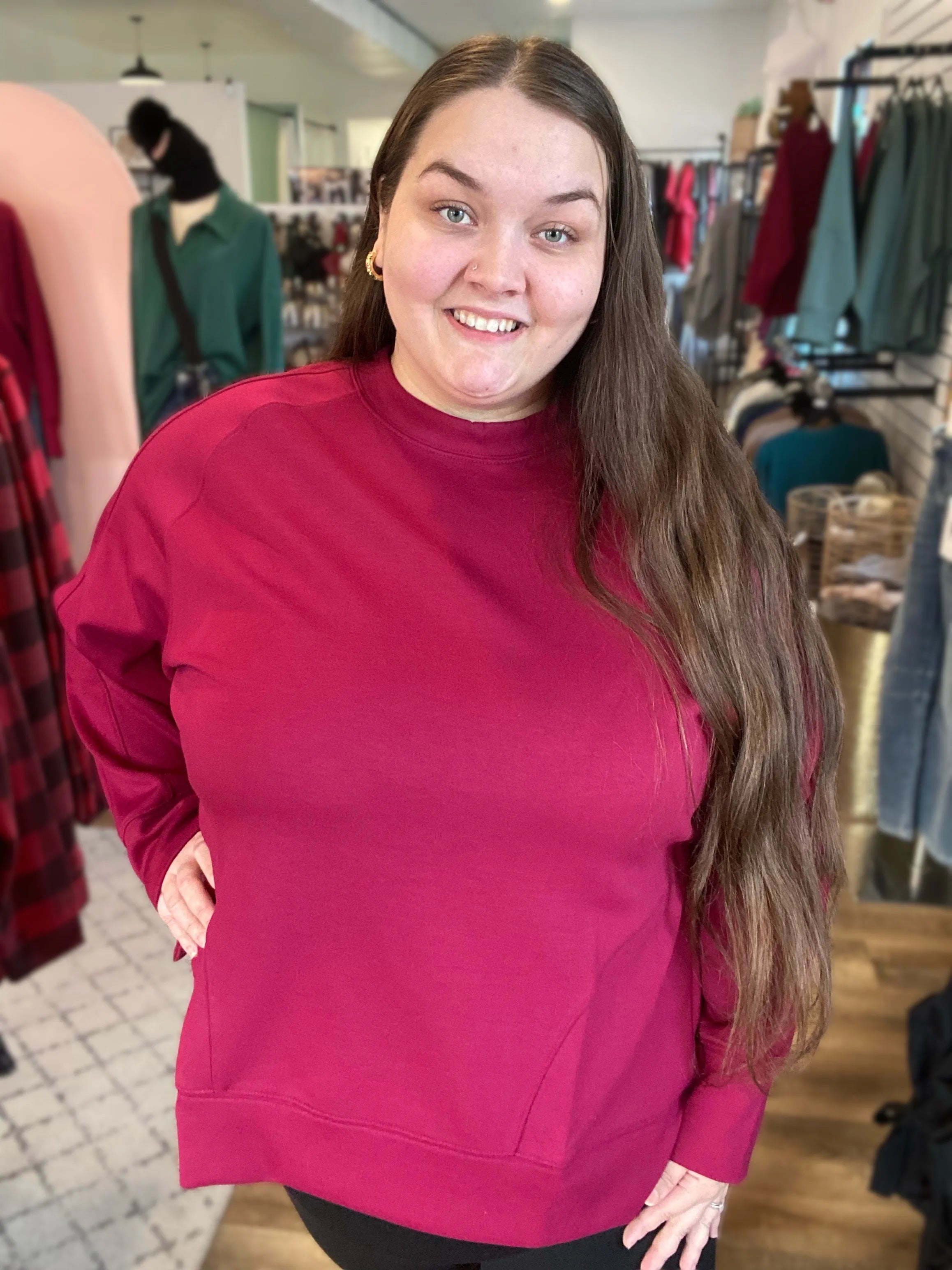 Shop Scuba Pullover with Side Slits - Cabernet- at Ruby Joy Boutique, a Women's Clothing Store in Pickerington, Ohio