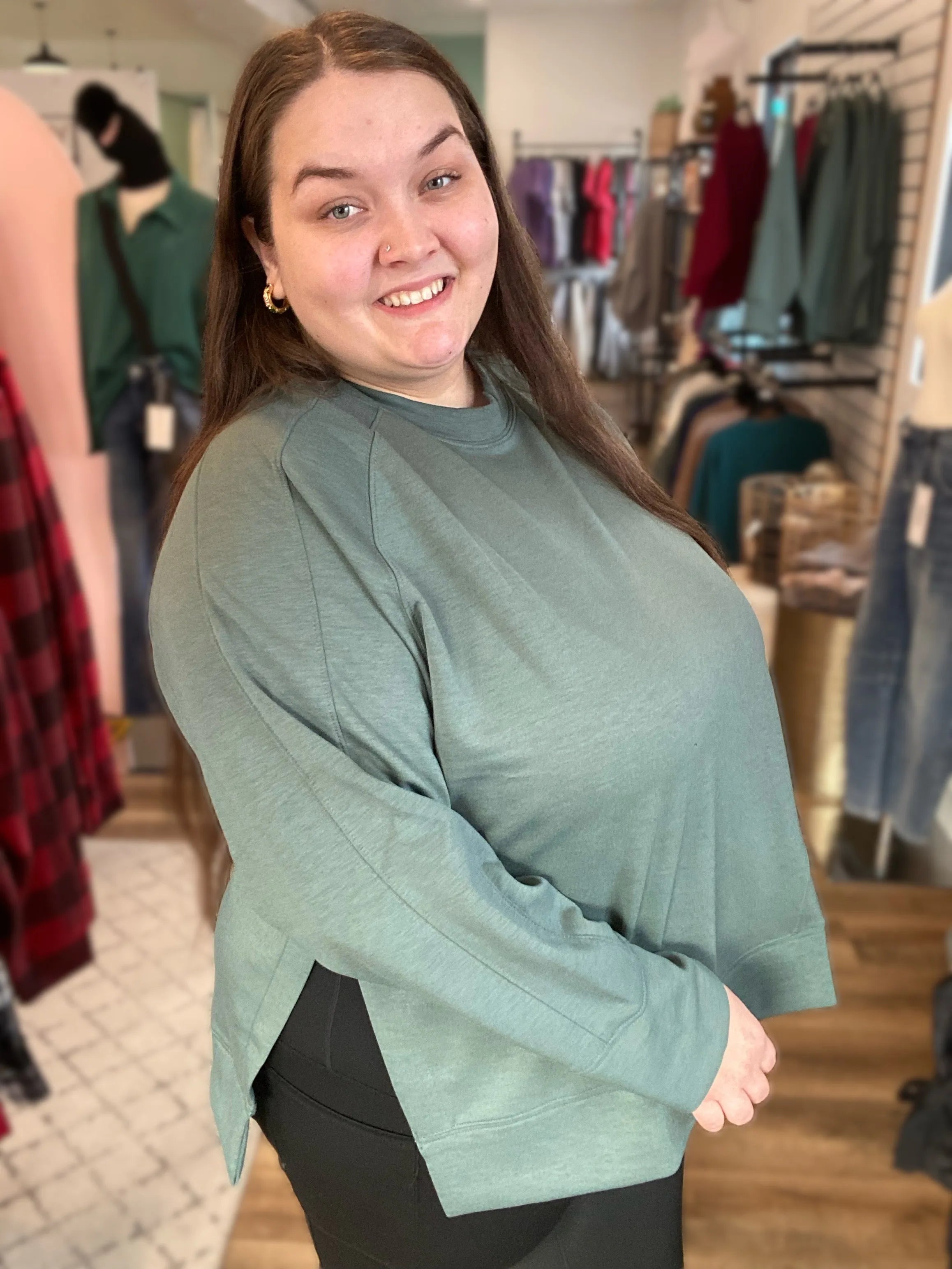 Shop Scuba Pullover with Side Slits - Forest Green- at Ruby Joy Boutique, a Women's Clothing Store in Pickerington, Ohio