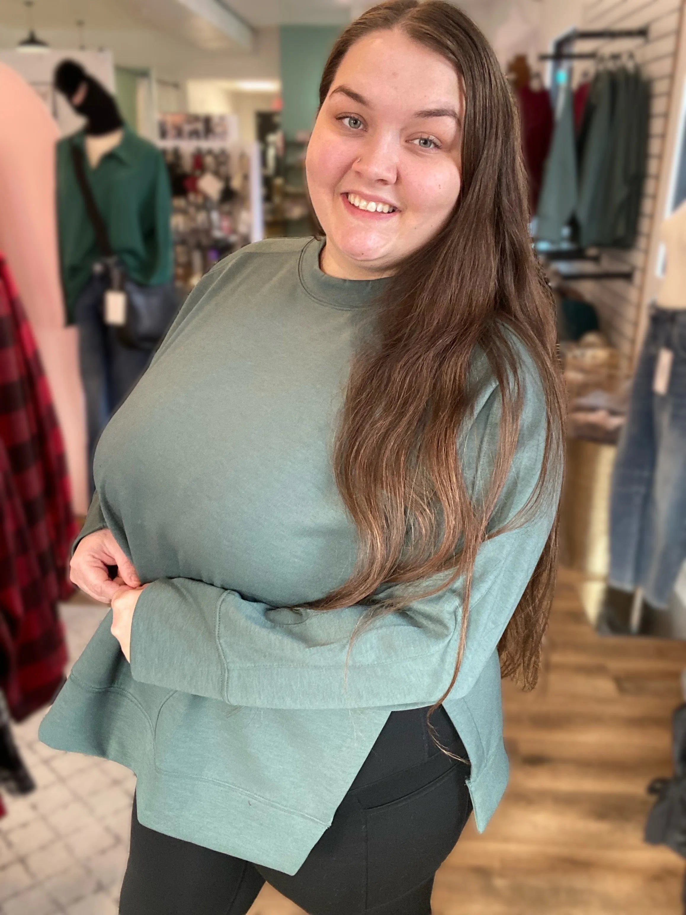 Shop Scuba Pullover with Side Slits - Forest Green- at Ruby Joy Boutique, a Women's Clothing Store in Pickerington, Ohio