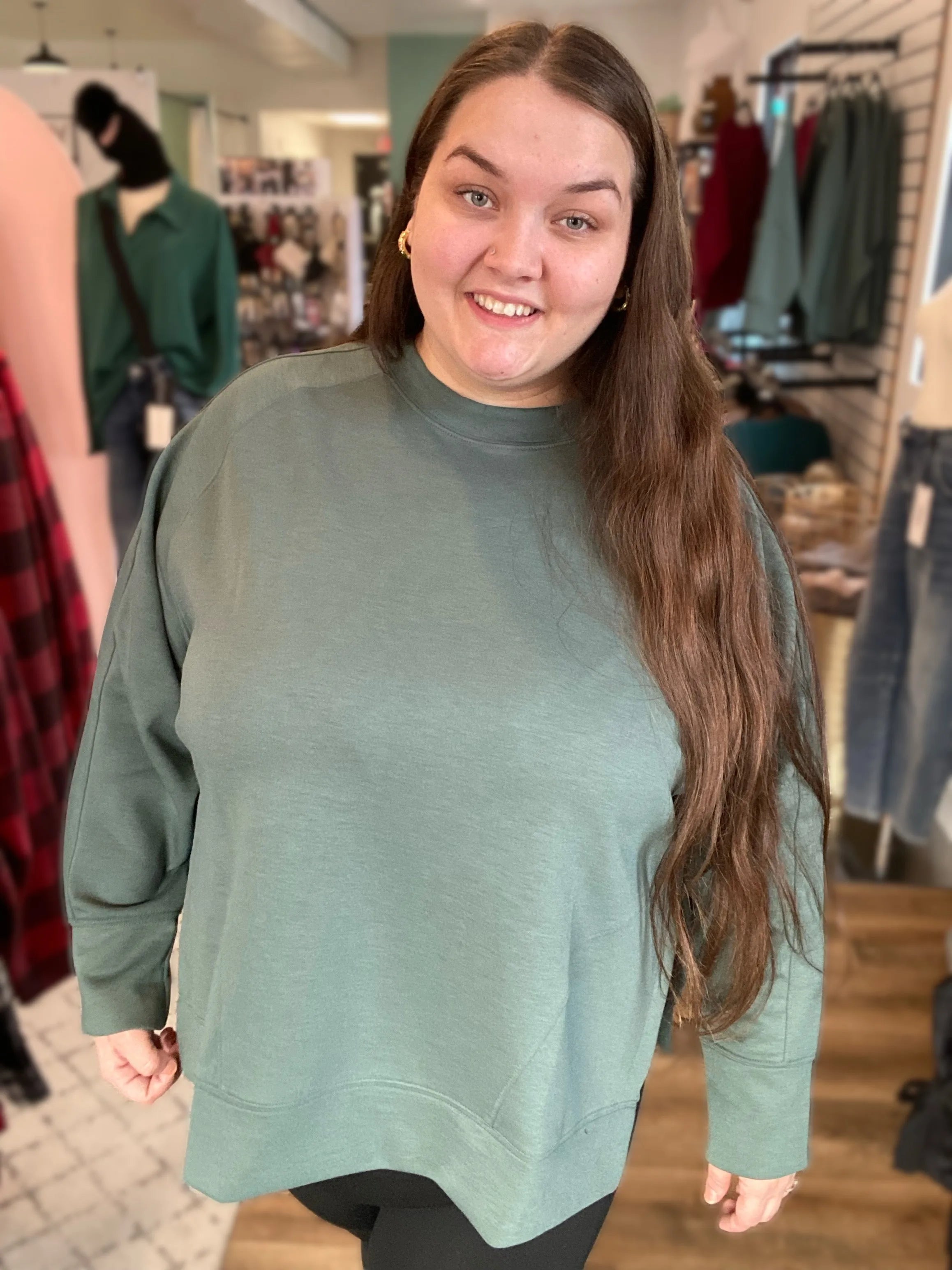 Shop Scuba Pullover with Side Slits - Forest Green- at Ruby Joy Boutique, a Women's Clothing Store in Pickerington, Ohio