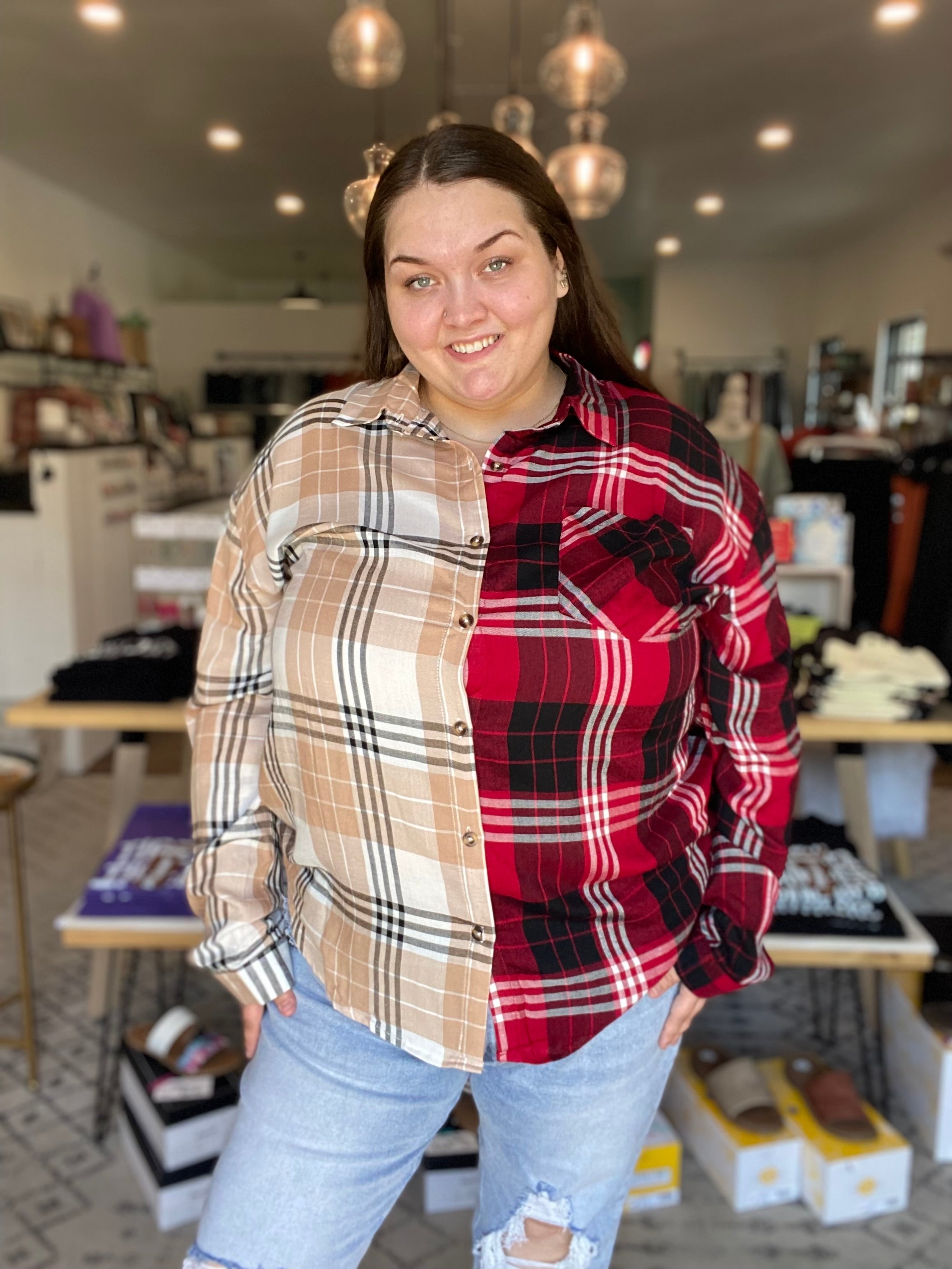 Shop Shades of Fall Plaid Button Down Shirt-Shirts & Tops at Ruby Joy Boutique, a Women's Clothing Store in Pickerington, Ohio