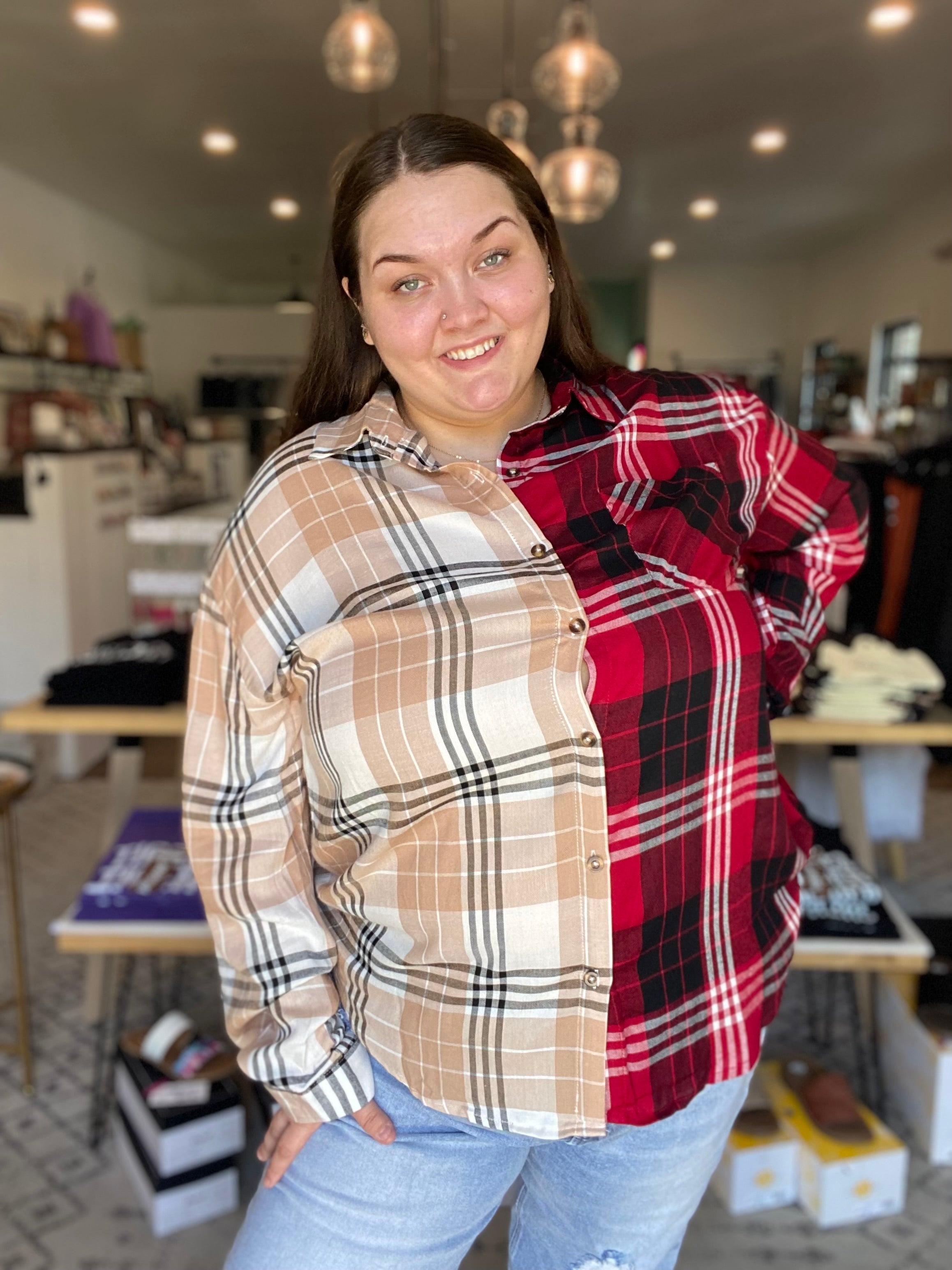 Shop Shades of Fall Plaid Button Down Shirt-Shirts & Tops at Ruby Joy Boutique, a Women's Clothing Store in Pickerington, Ohio