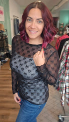Shop Sheer Long Sleeve Layering Top - Black Bow Lace- at Ruby Joy Boutique, a Women's Clothing Store in Pickerington, Ohio