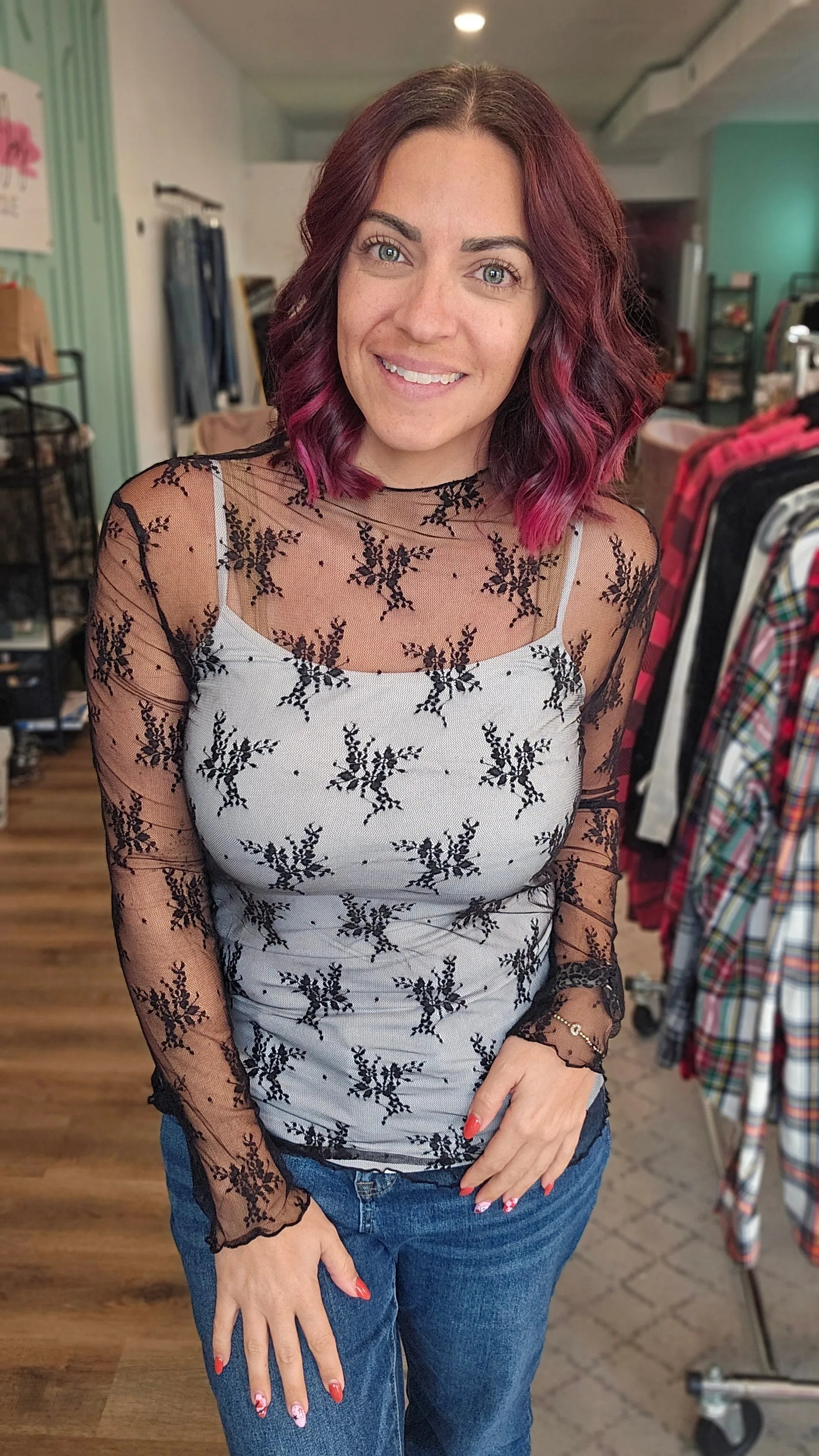 Shop Sheer Long Sleeve Layering Top - Black Floral Lace- at Ruby Joy Boutique, a Women's Clothing Store in Pickerington, Ohio