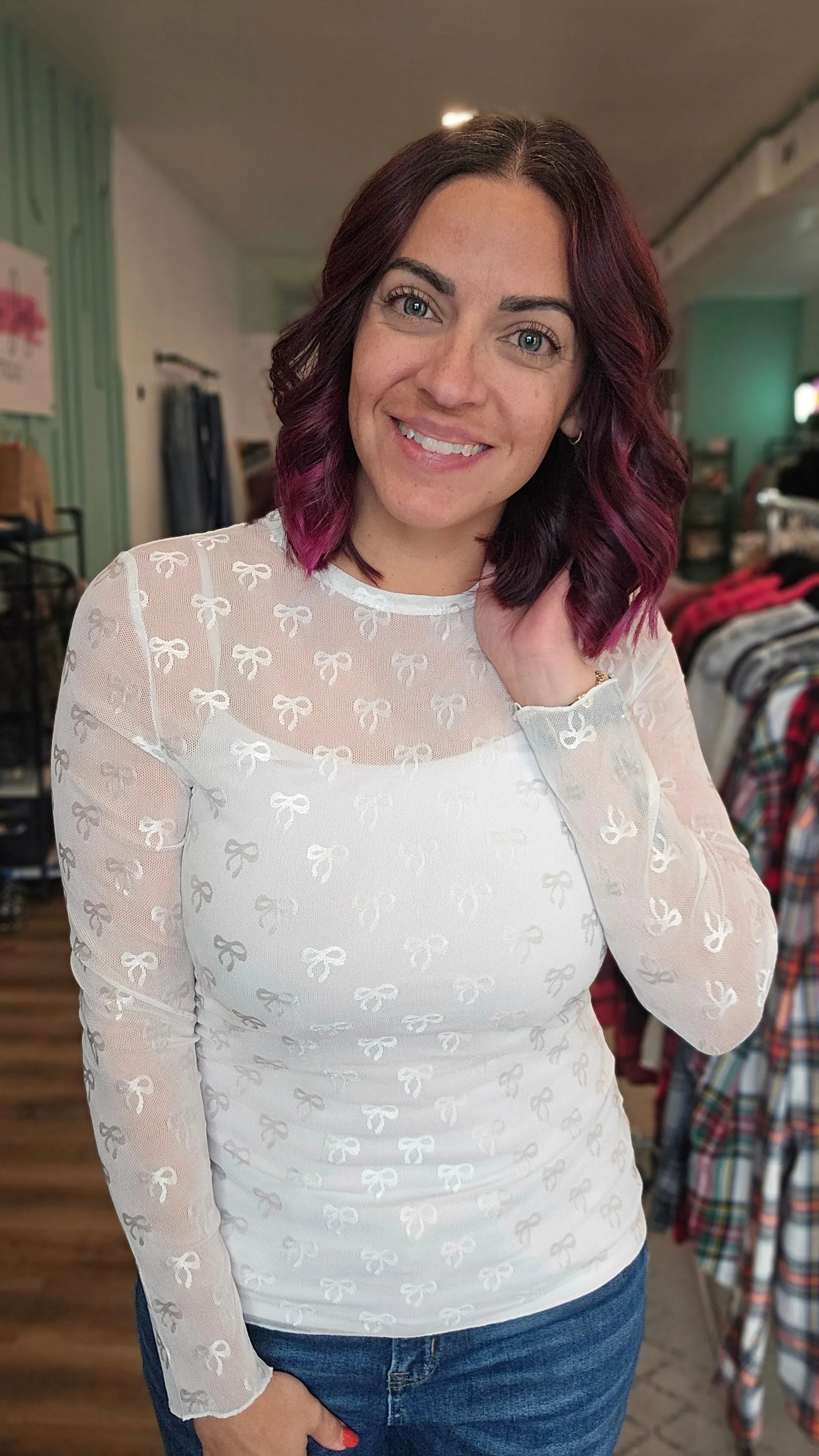 Shop Sheer Long Sleeve Layering Top - White Bow Lace- at Ruby Joy Boutique, a Women's Clothing Store in Pickerington, Ohio