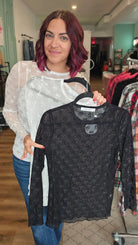 Shop Sheer Long Sleeve Layering Top - Black Bow Lace- at Ruby Joy Boutique, a Women's Clothing Store in Pickerington, Ohio