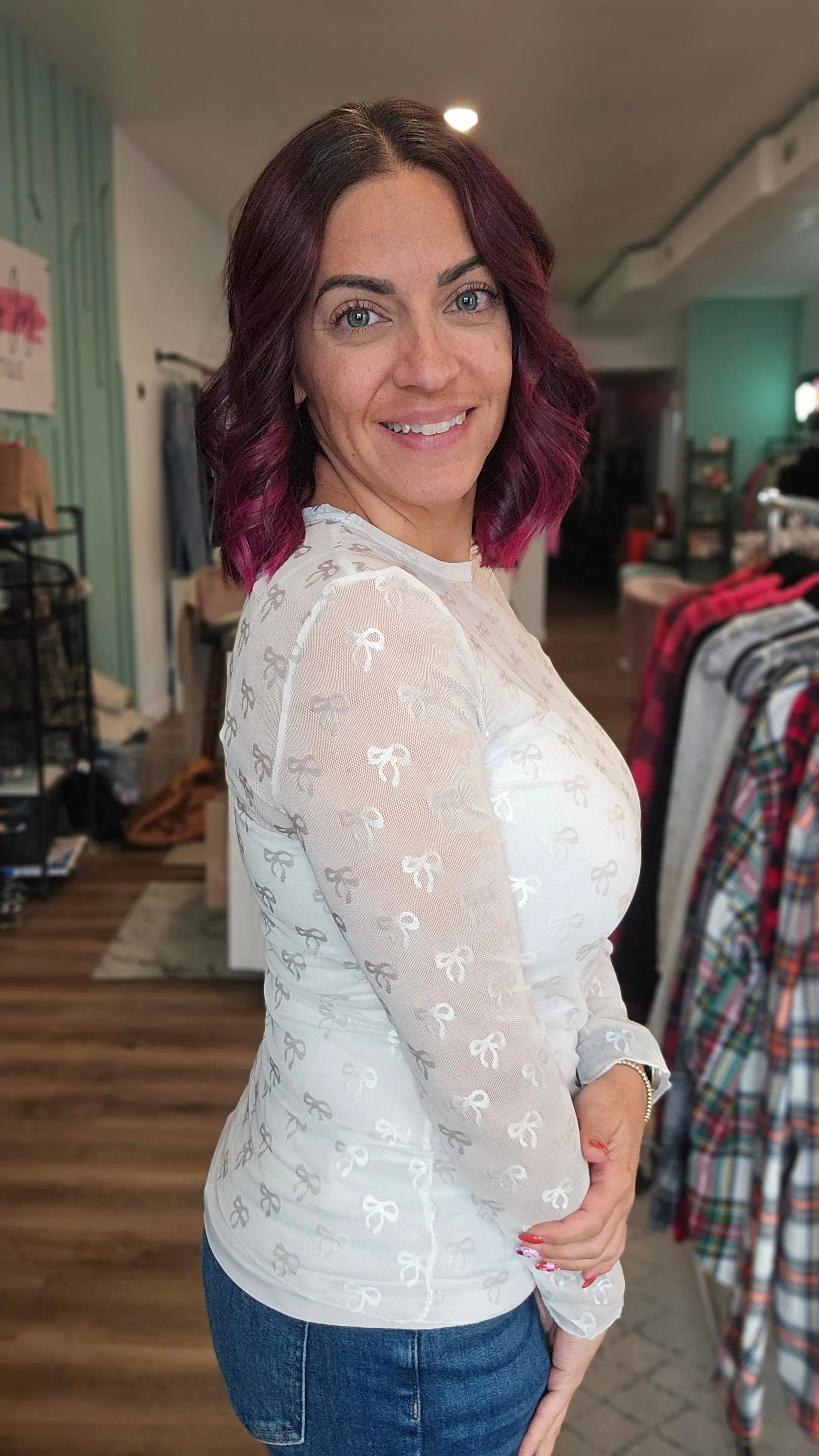 Shop Sheer Long Sleeve Layering Top - White Bow Lace- at Ruby Joy Boutique, a Women's Clothing Store in Pickerington, Ohio