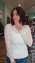 Shop Sheer Long Sleeve Layering Top - White Bow Lace- at Ruby Joy Boutique, a Women's Clothing Store in Pickerington, Ohio