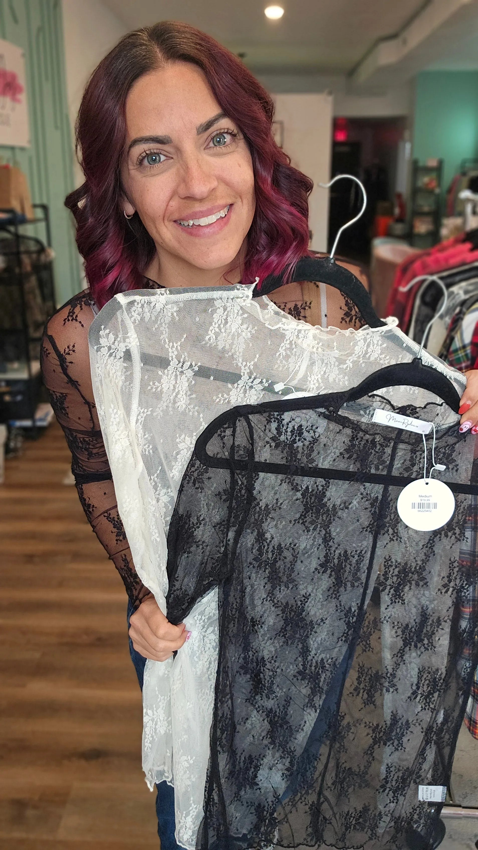 Shop Sheer Long Sleeve Layering Top - White Floral Lace- at Ruby Joy Boutique, a Women's Clothing Store in Pickerington, Ohio