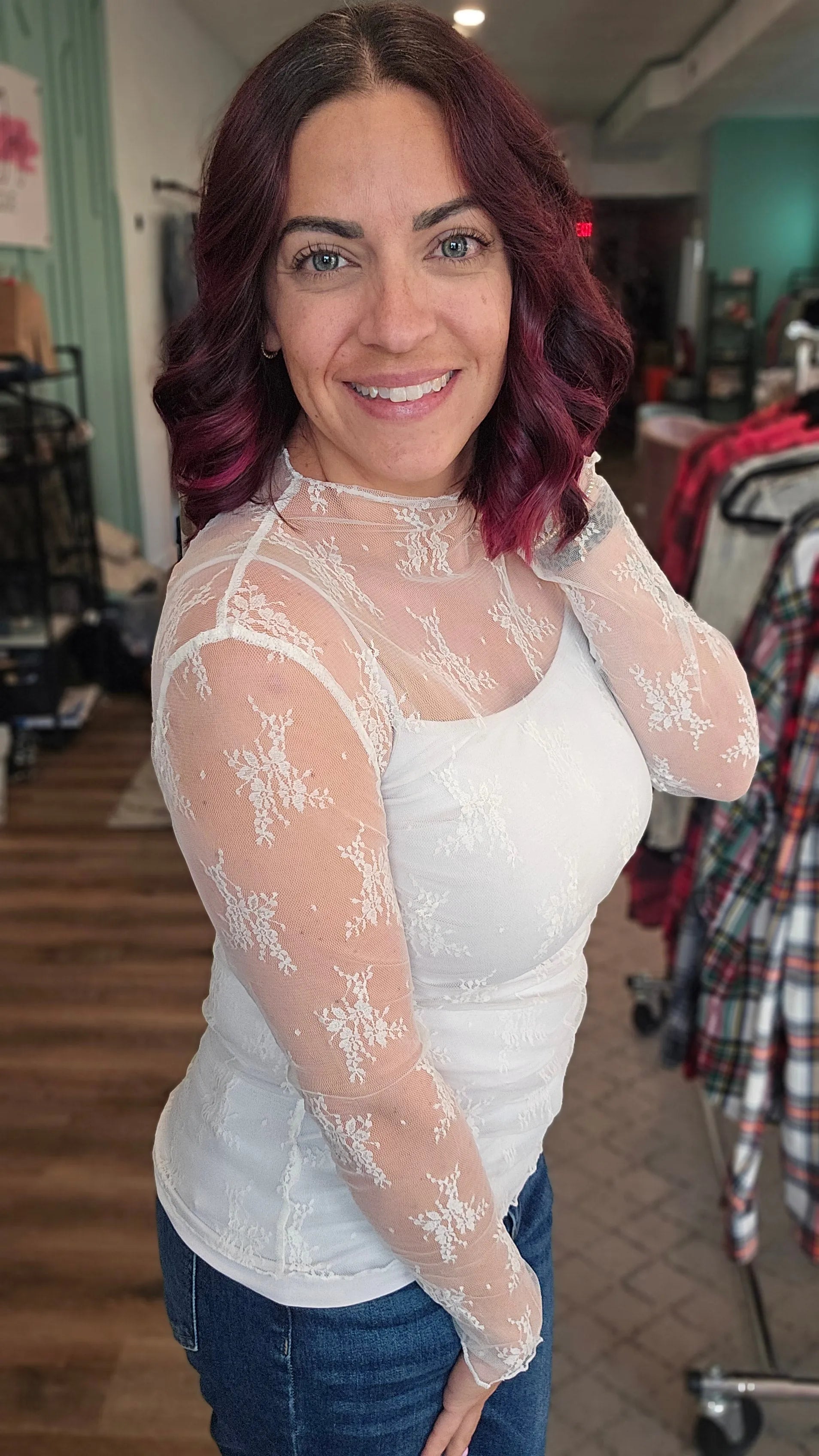 Shop Sheer Long Sleeve Layering Top - White Floral Lace- at Ruby Joy Boutique, a Women's Clothing Store in Pickerington, Ohio