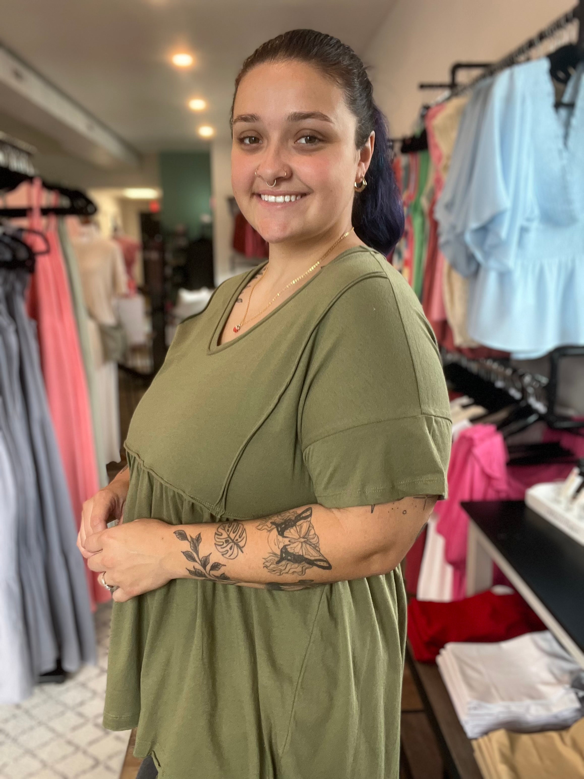 Shop Shelbi Babydoll Top-Shirts & Tops at Ruby Joy Boutique, a Women's Clothing Store in Pickerington, Ohio