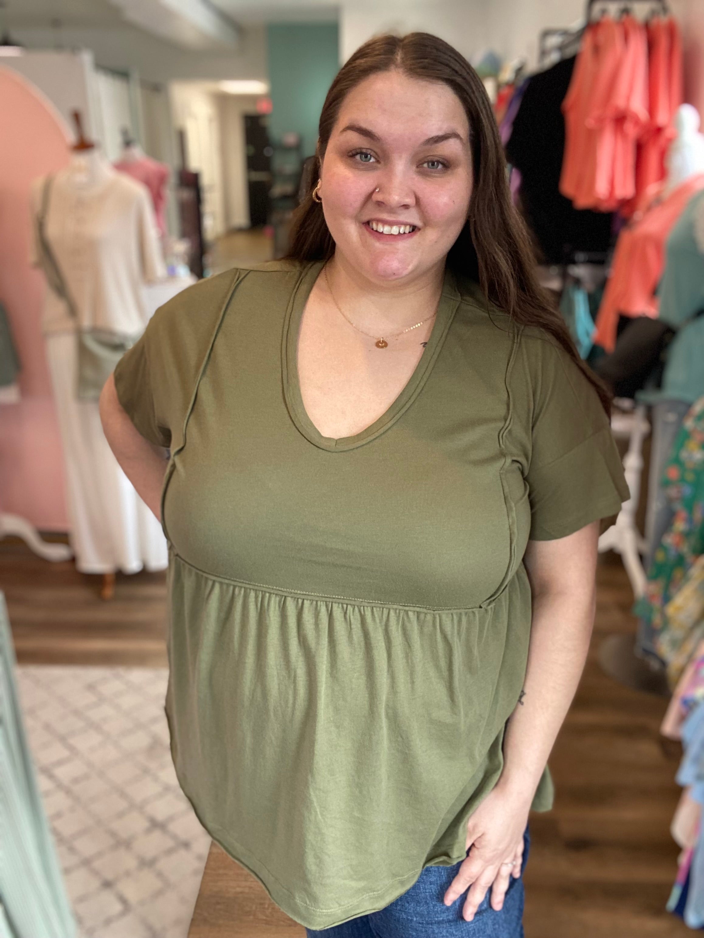 Shop Shelbi Babydoll Top-Short Sleeve Top at Ruby Joy Boutique, a Women's Clothing Store in Pickerington, Ohio