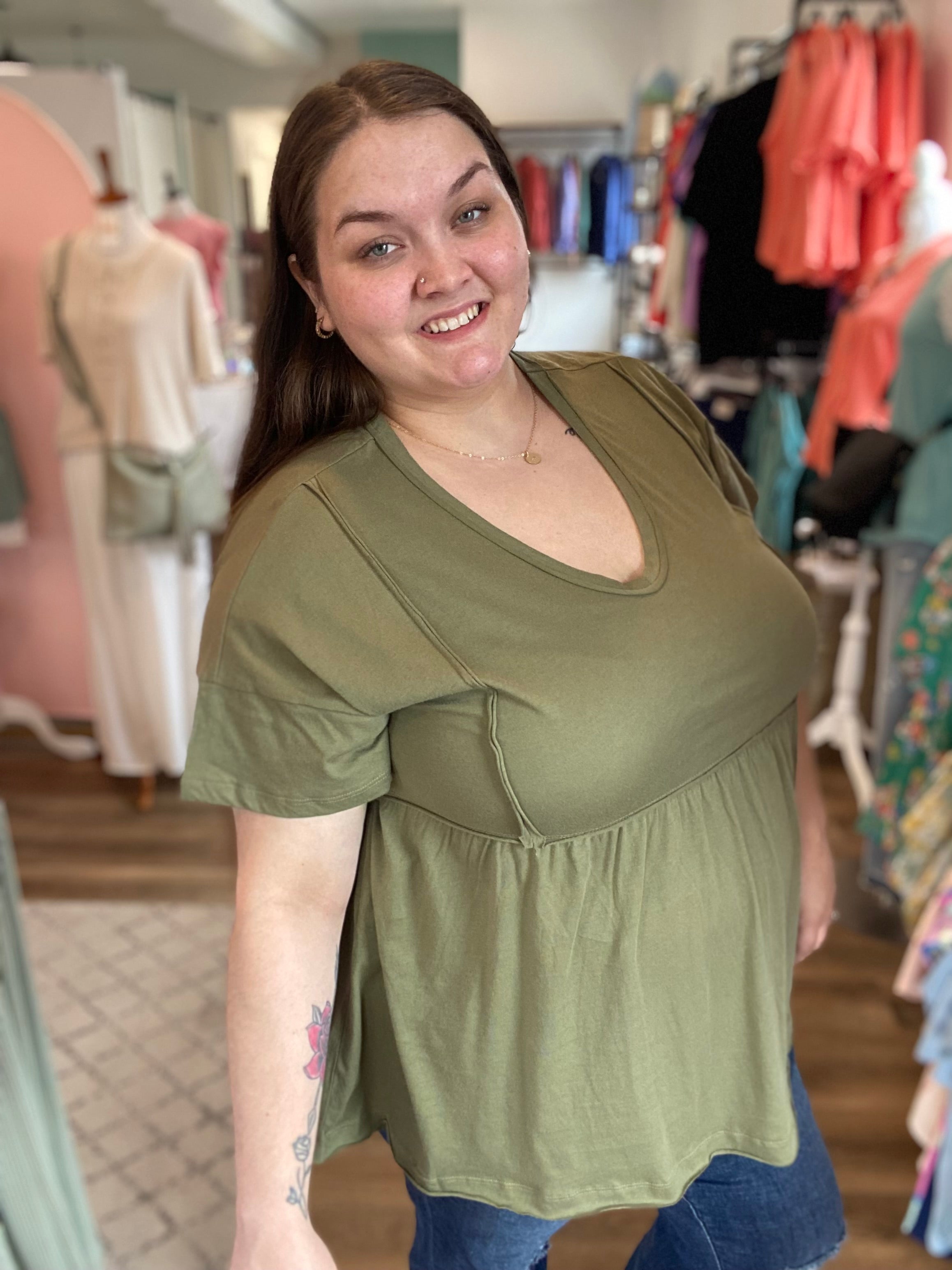 Shop Shelbi Babydoll Top-Short Sleeve Top at Ruby Joy Boutique, a Women's Clothing Store in Pickerington, Ohio