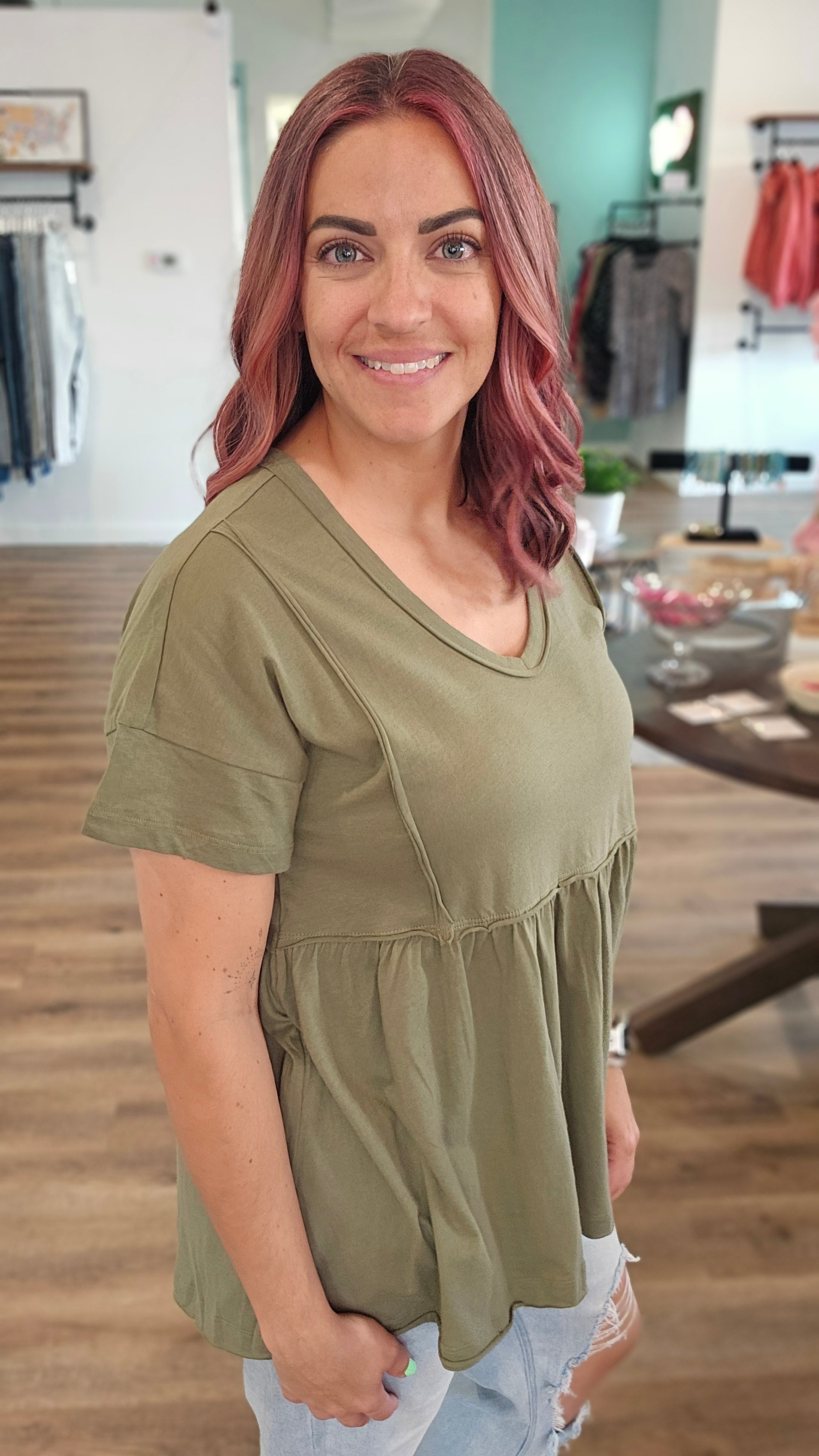 Shop Shelbi Babydoll Top-Short Sleeve Top at Ruby Joy Boutique, a Women's Clothing Store in Pickerington, Ohio