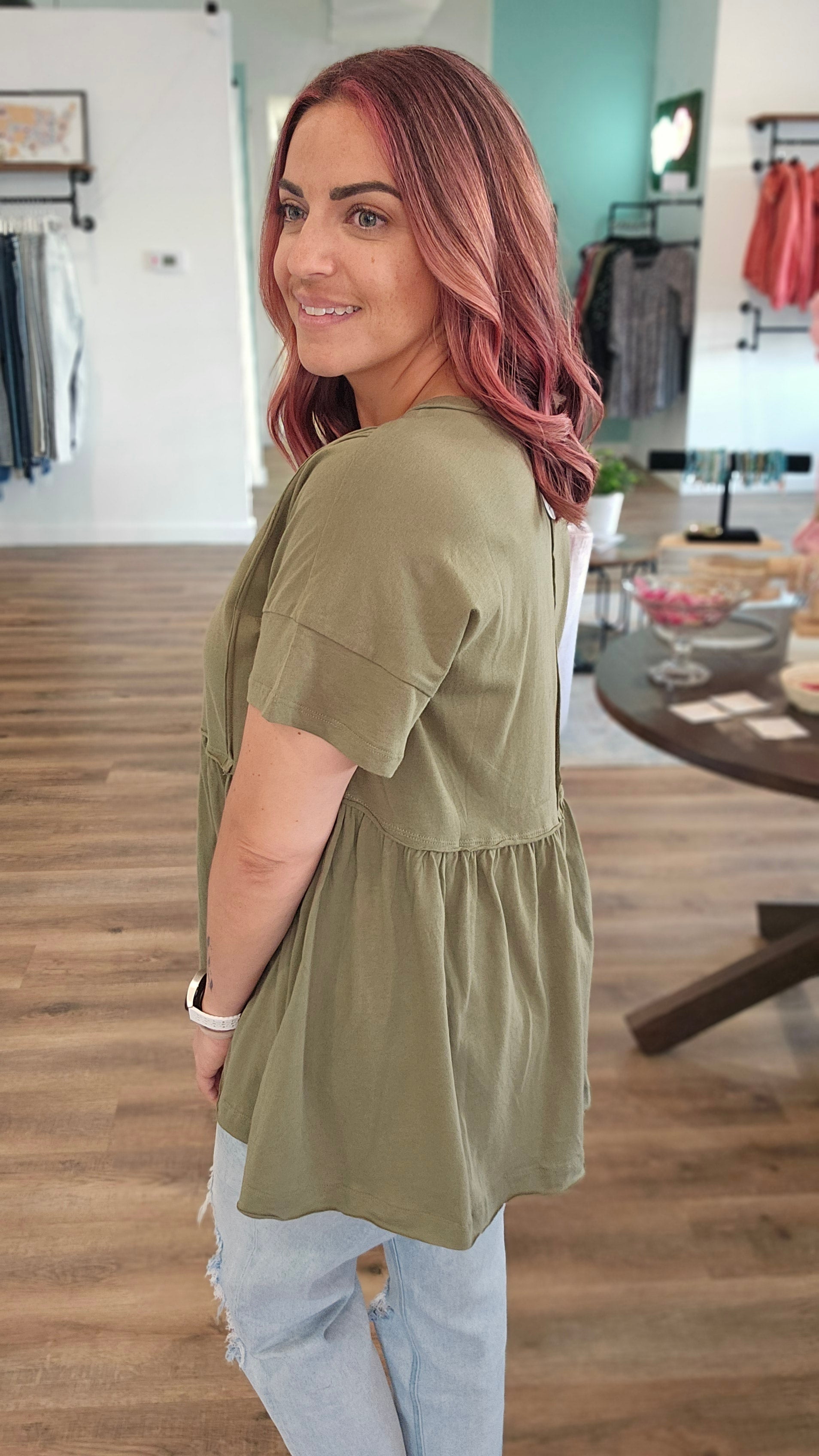 Shop Shelbi Babydoll Top-Short Sleeve Top at Ruby Joy Boutique, a Women's Clothing Store in Pickerington, Ohio