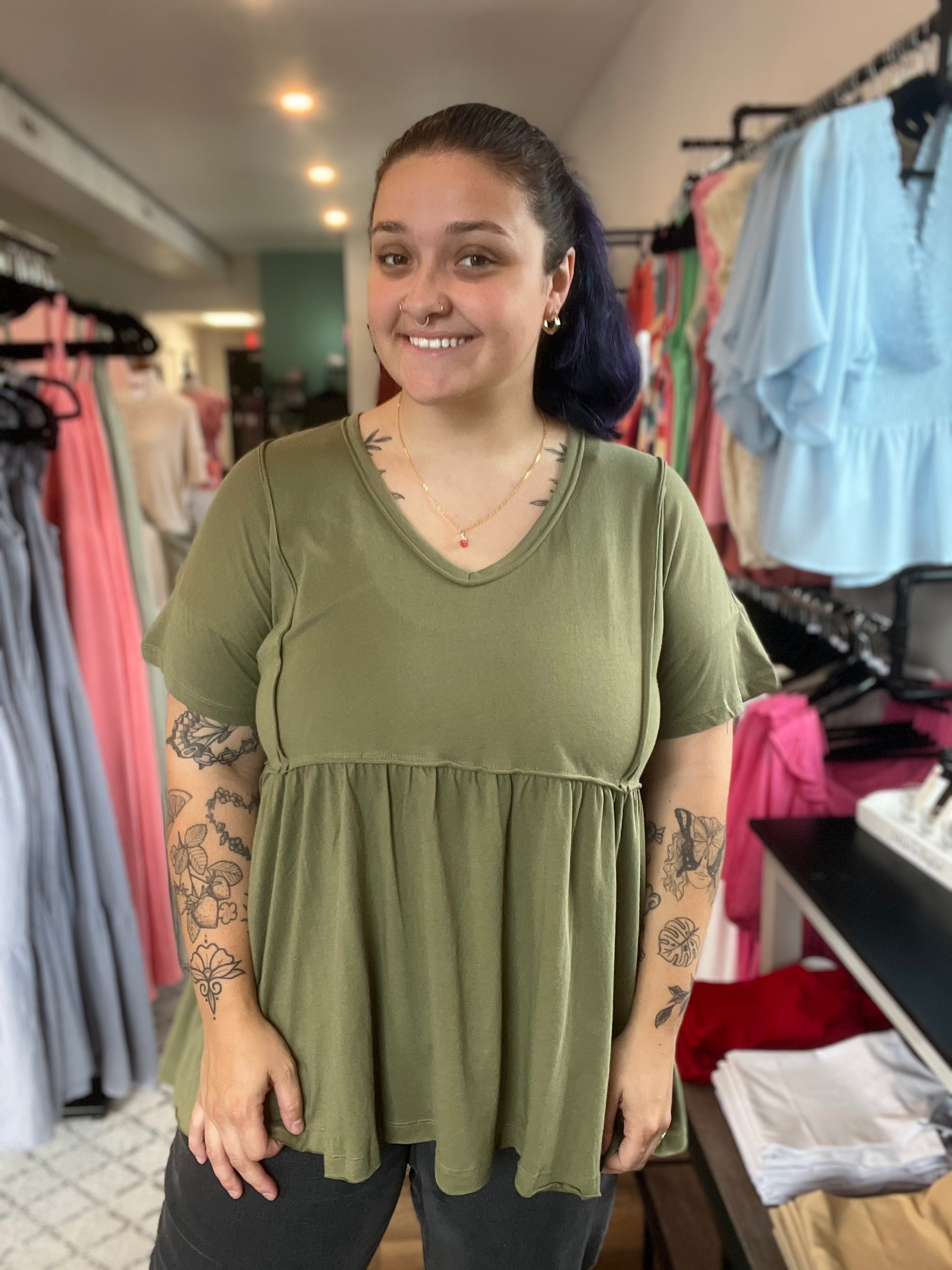 Shop Shelbi Babydoll Top-Short Sleeve Top at Ruby Joy Boutique, a Women's Clothing Store in Pickerington, Ohio