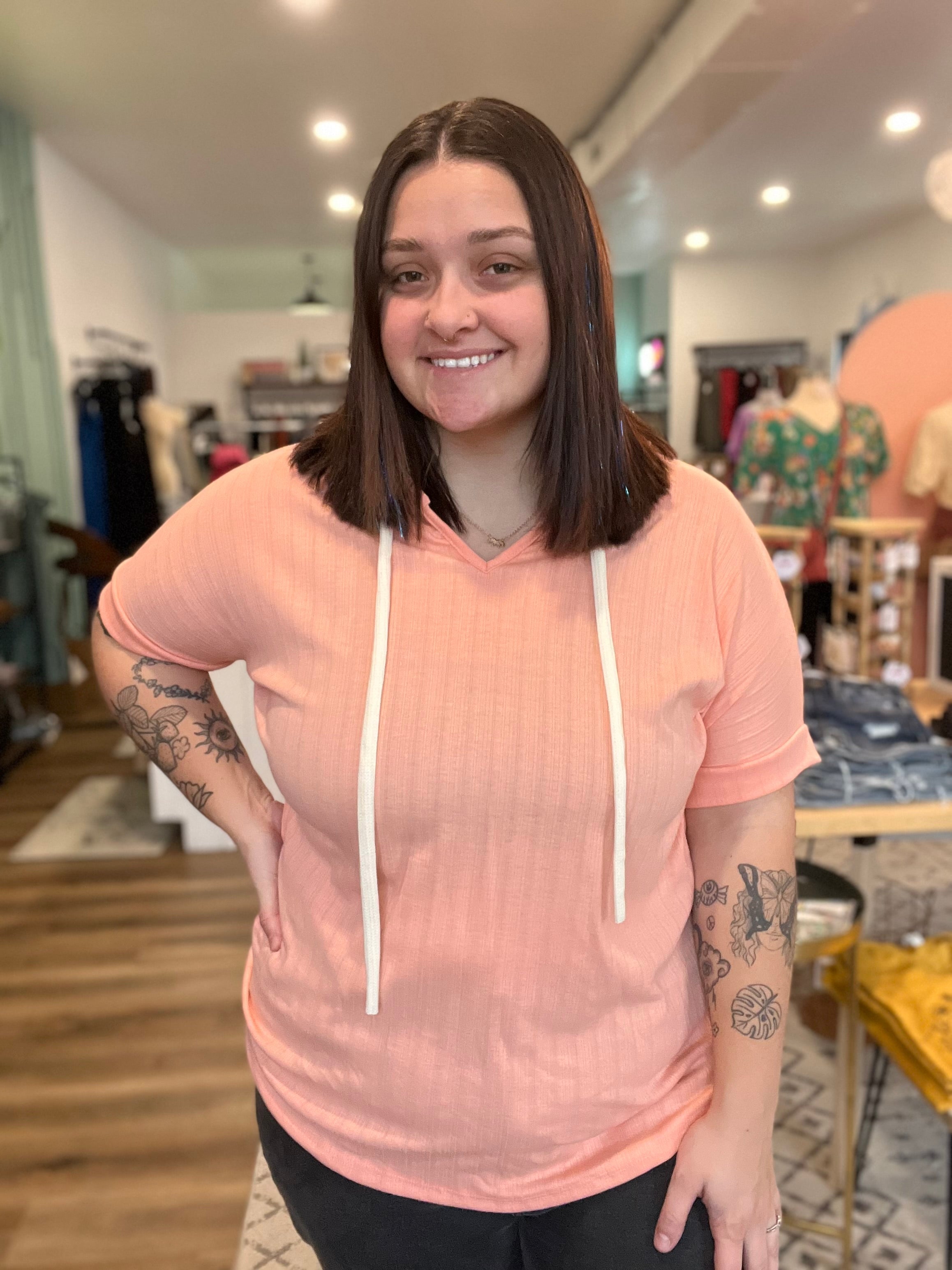 Shop Short Sleeve Hooded Tee - Coral-Shirts & Tops at Ruby Joy Boutique, a Women's Clothing Store in Pickerington, Ohio