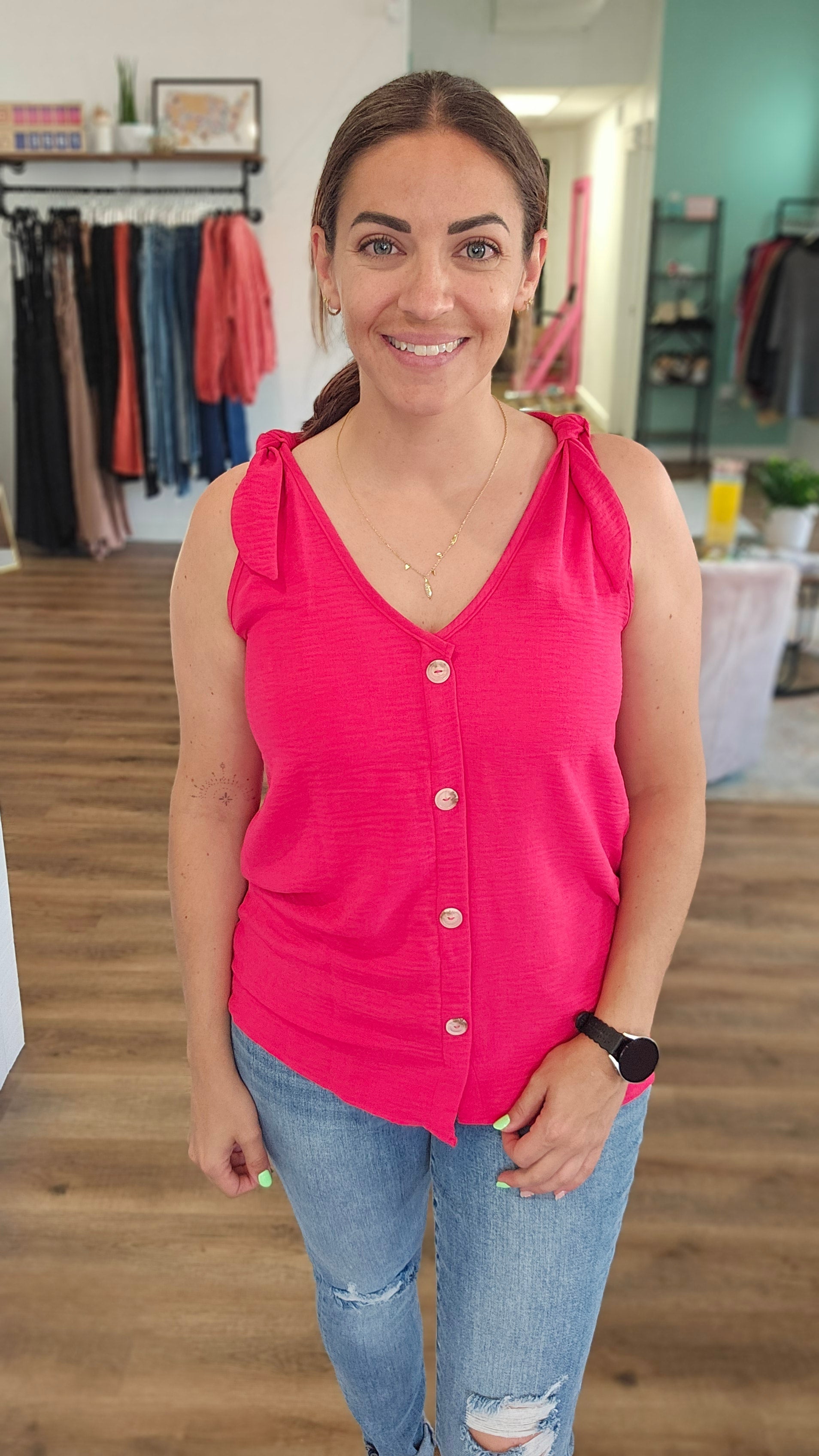 Shop Shoulder Tie Button Tank-Blouse at Ruby Joy Boutique, a Women's Clothing Store in Pickerington, Ohio