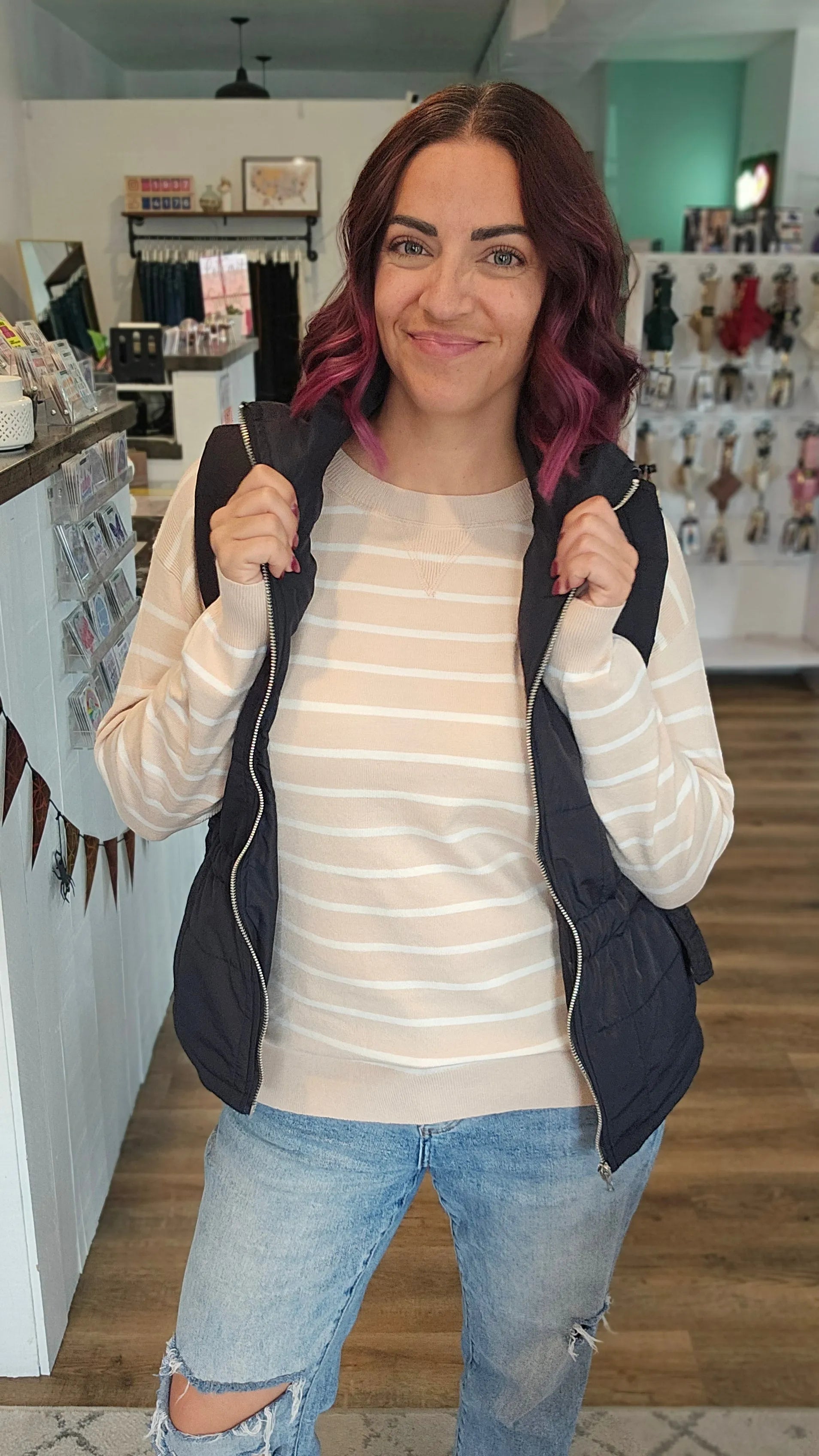 Shop Side Tie Quilted Puffer Vest - Black- at Ruby Joy Boutique, a Women's Clothing Store in Pickerington, Ohio