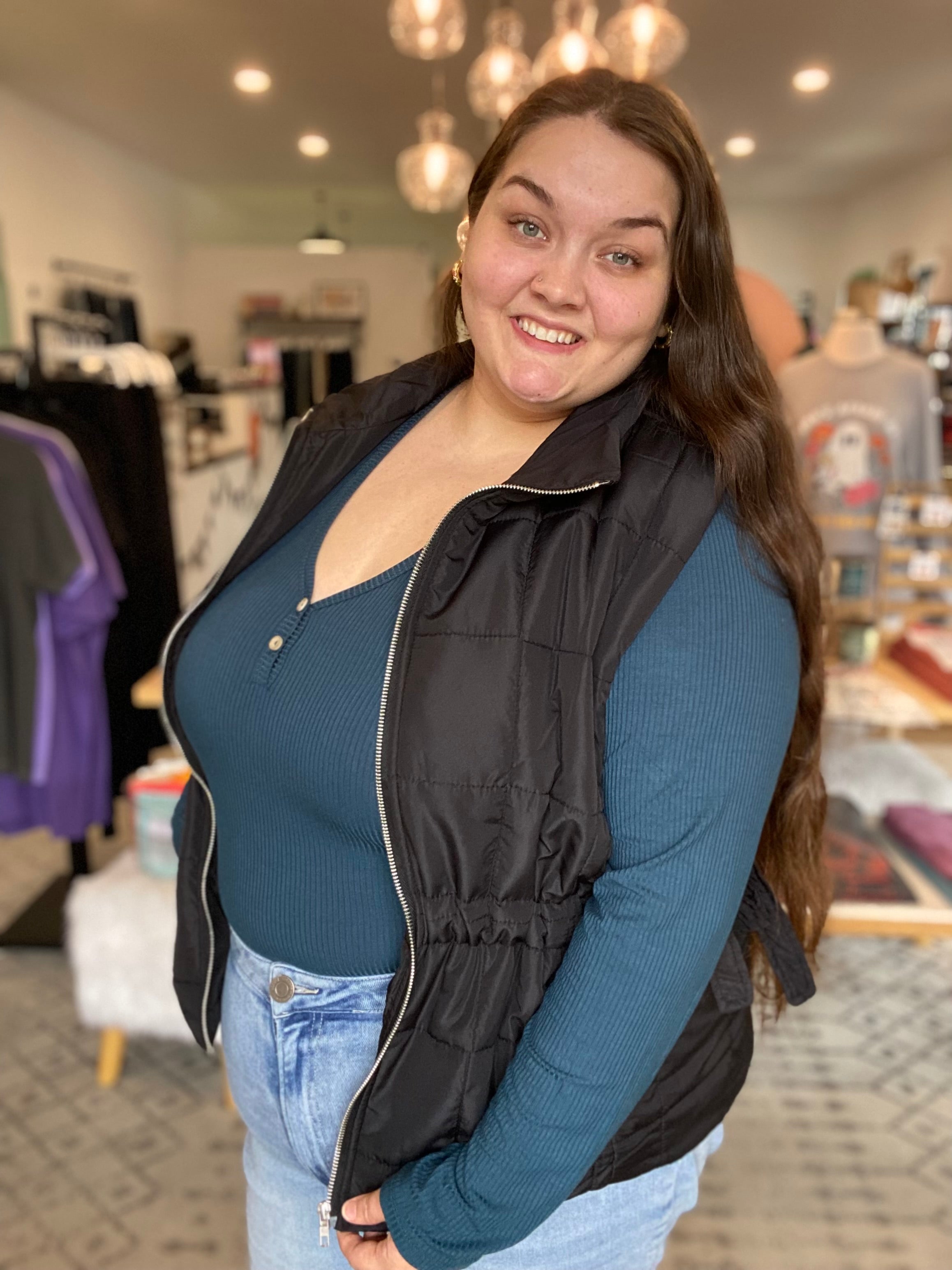 Shop Side Tie Quilted Puffer Vest - Black- at Ruby Joy Boutique, a Women's Clothing Store in Pickerington, Ohio