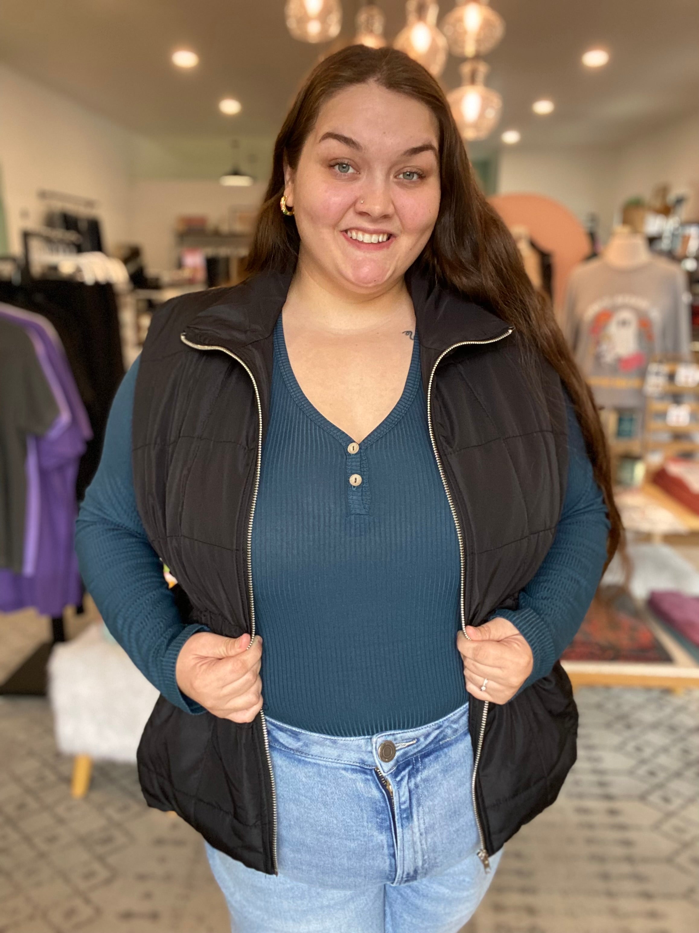 Shop Side Tie Quilted Puffer Vest - Black- at Ruby Joy Boutique, a Women's Clothing Store in Pickerington, Ohio