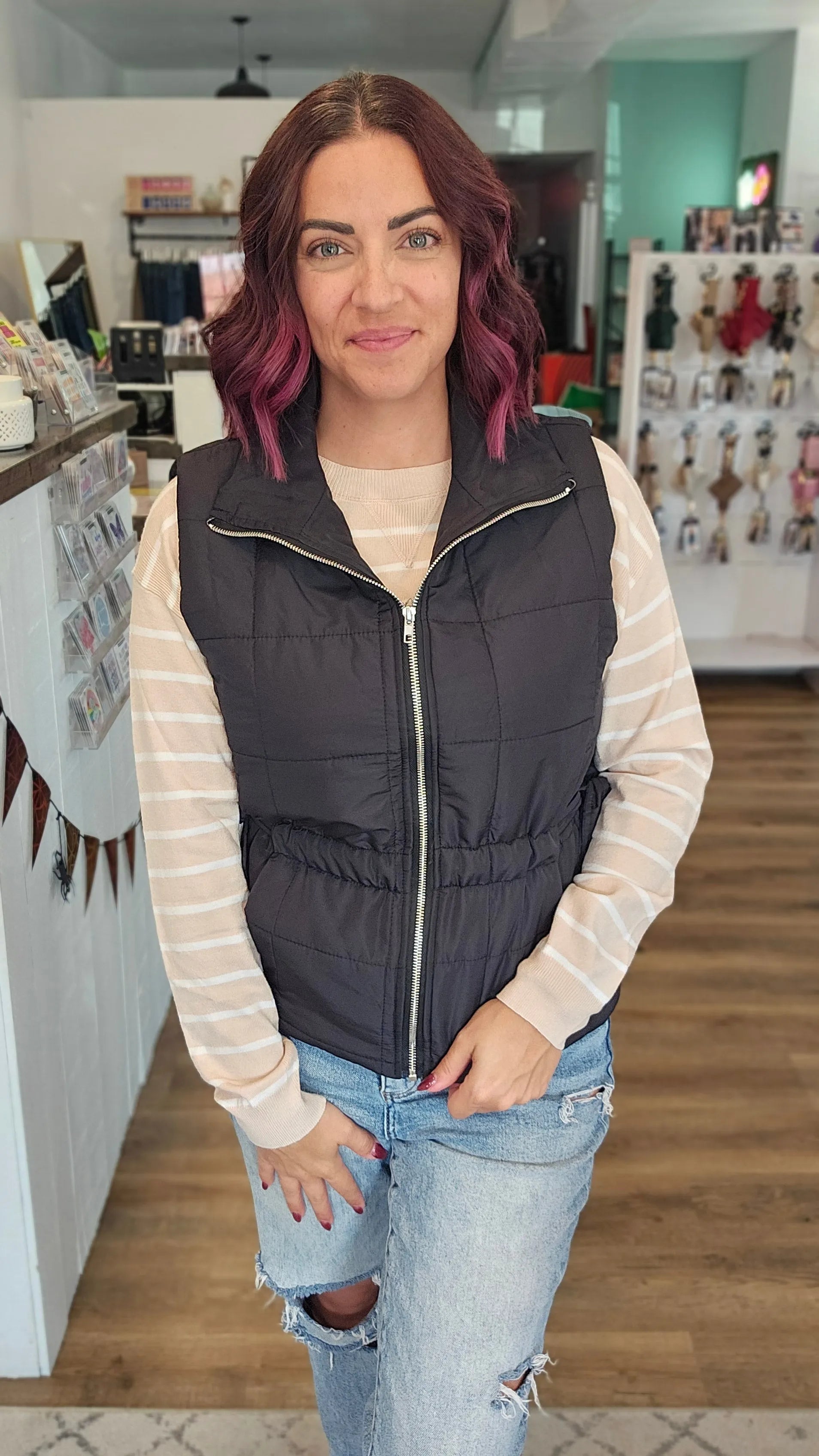 Shop Side Tie Quilted Puffer Vest - Black- at Ruby Joy Boutique, a Women's Clothing Store in Pickerington, Ohio