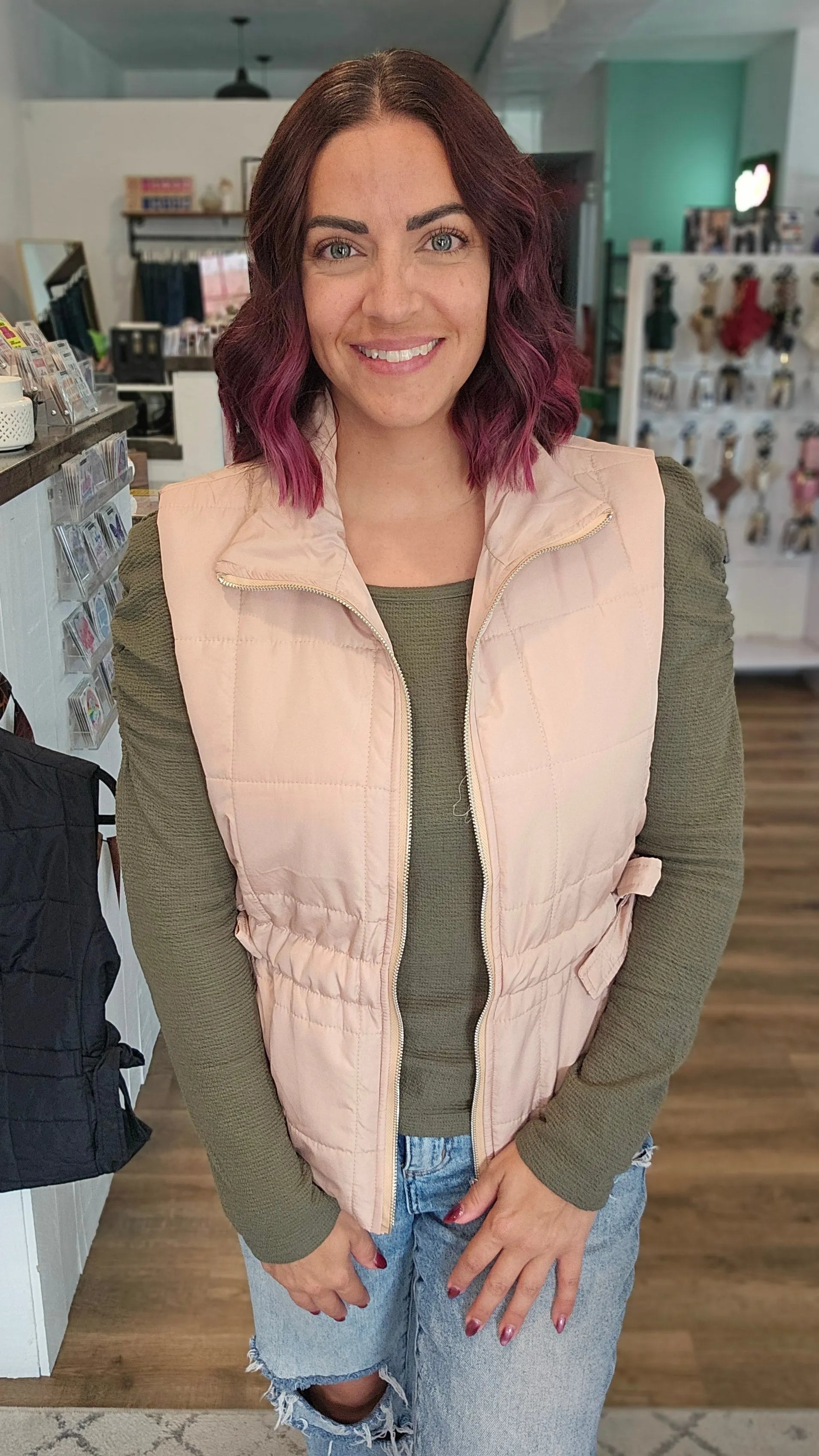 Shop Side Tie Quilted Puffer Vest - Tan- at Ruby Joy Boutique, a Women's Clothing Store in Pickerington, Ohio