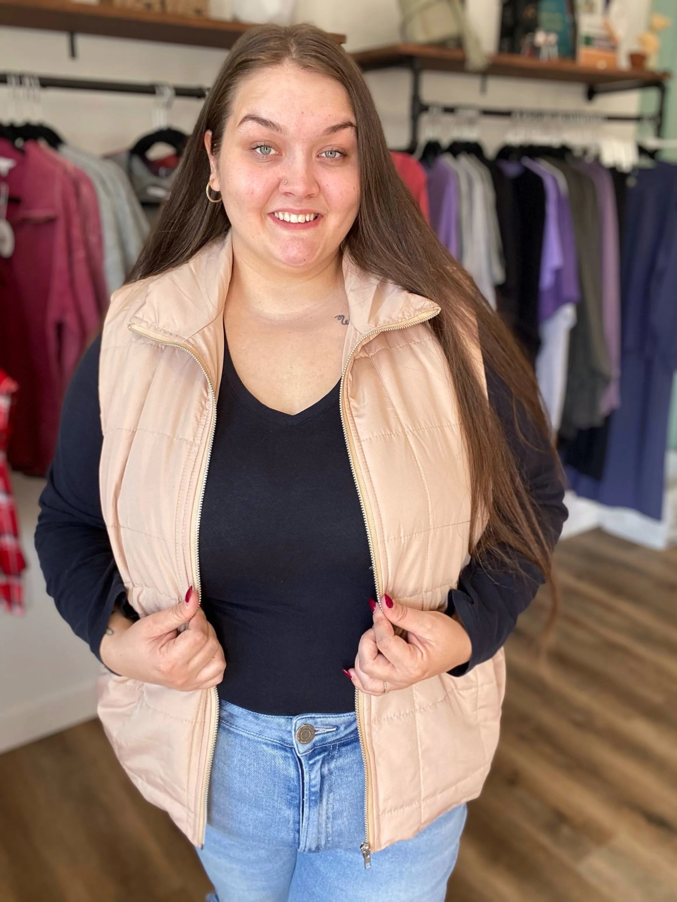 Shop Side Tie Quilted Puffer Vest - Tan-1XL at Ruby Joy Boutique, a Women's Clothing Store in Pickerington, Ohio