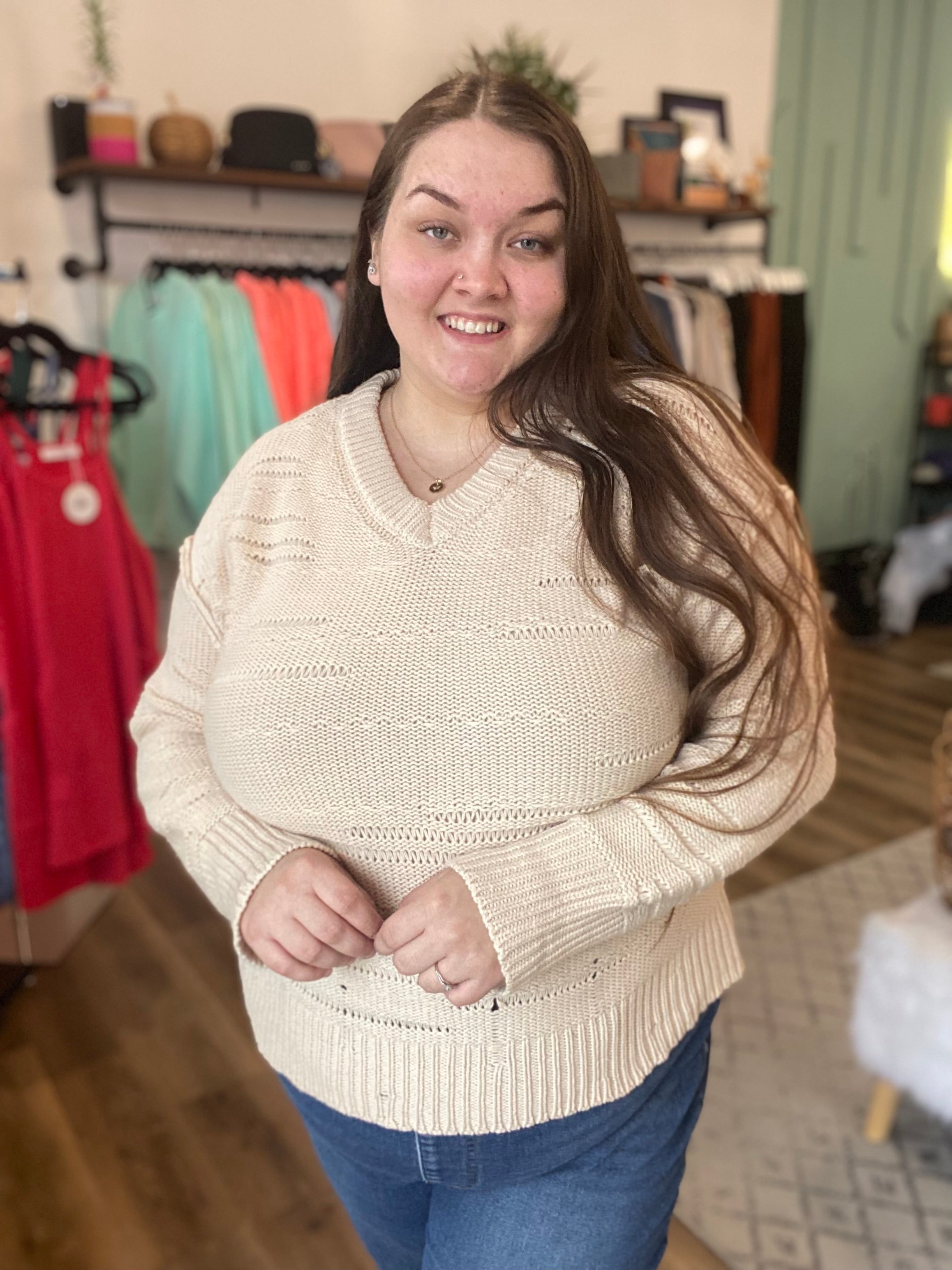 Shop Sierra Distressed Ivory Sweater-Sweater at Ruby Joy Boutique, a Women's Clothing Store in Pickerington, Ohio